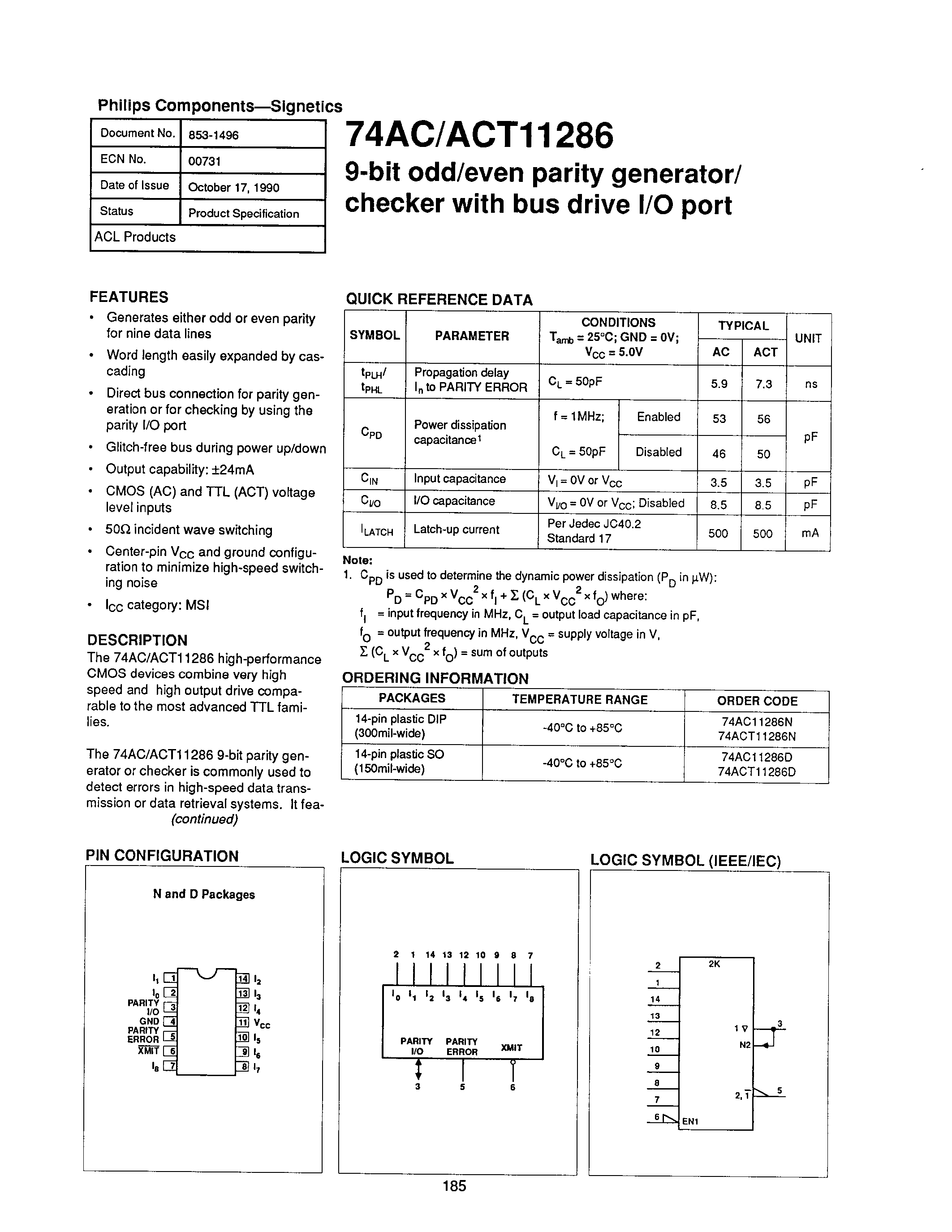 Datasheet 74AC11286 page 1 Datasheet 74AC11286 - 9-bit odd/even parity generator/checker with bus drive l/O port page 1