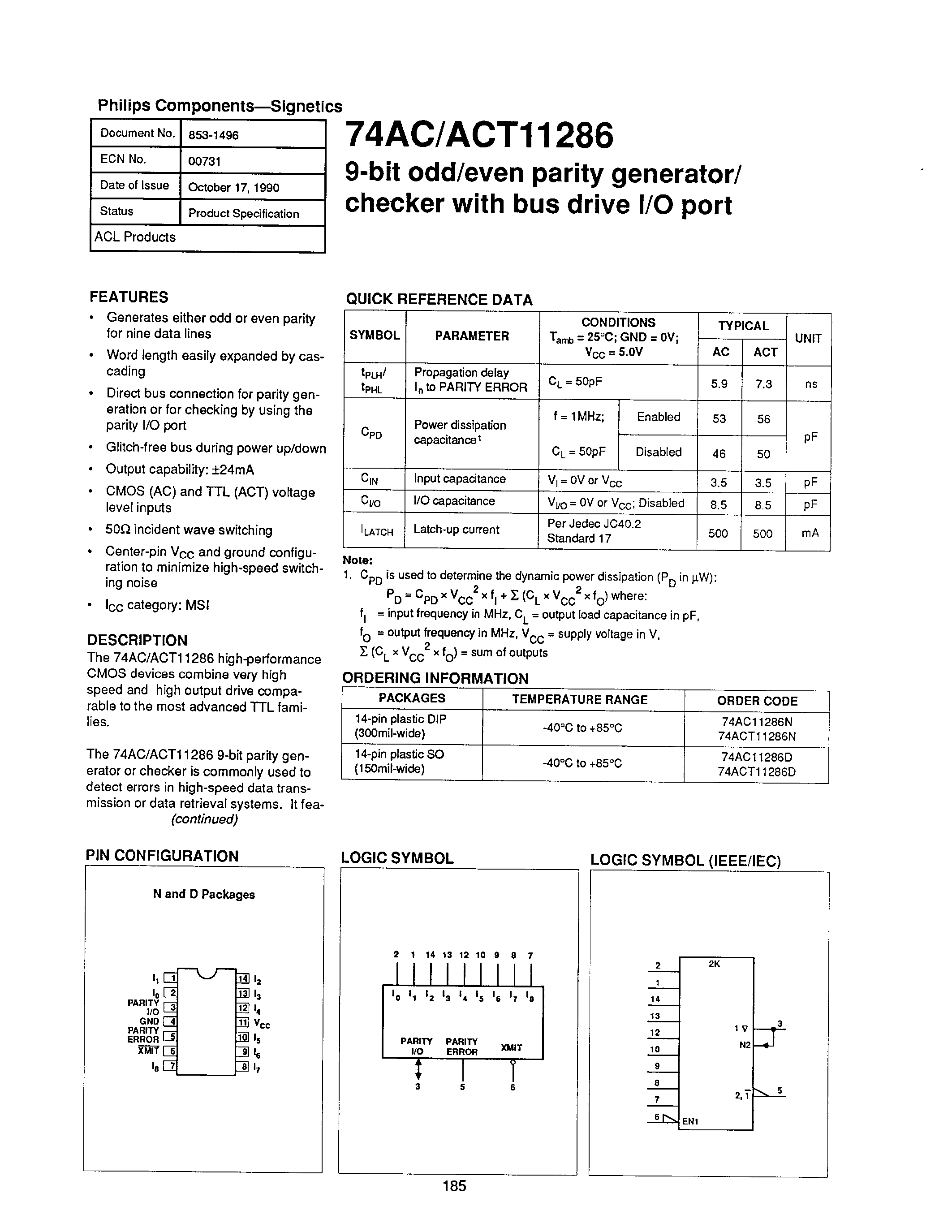Datasheet 74AC11286 - 9-bit odd/even parity generator/checker with bus drive l/O port page 1