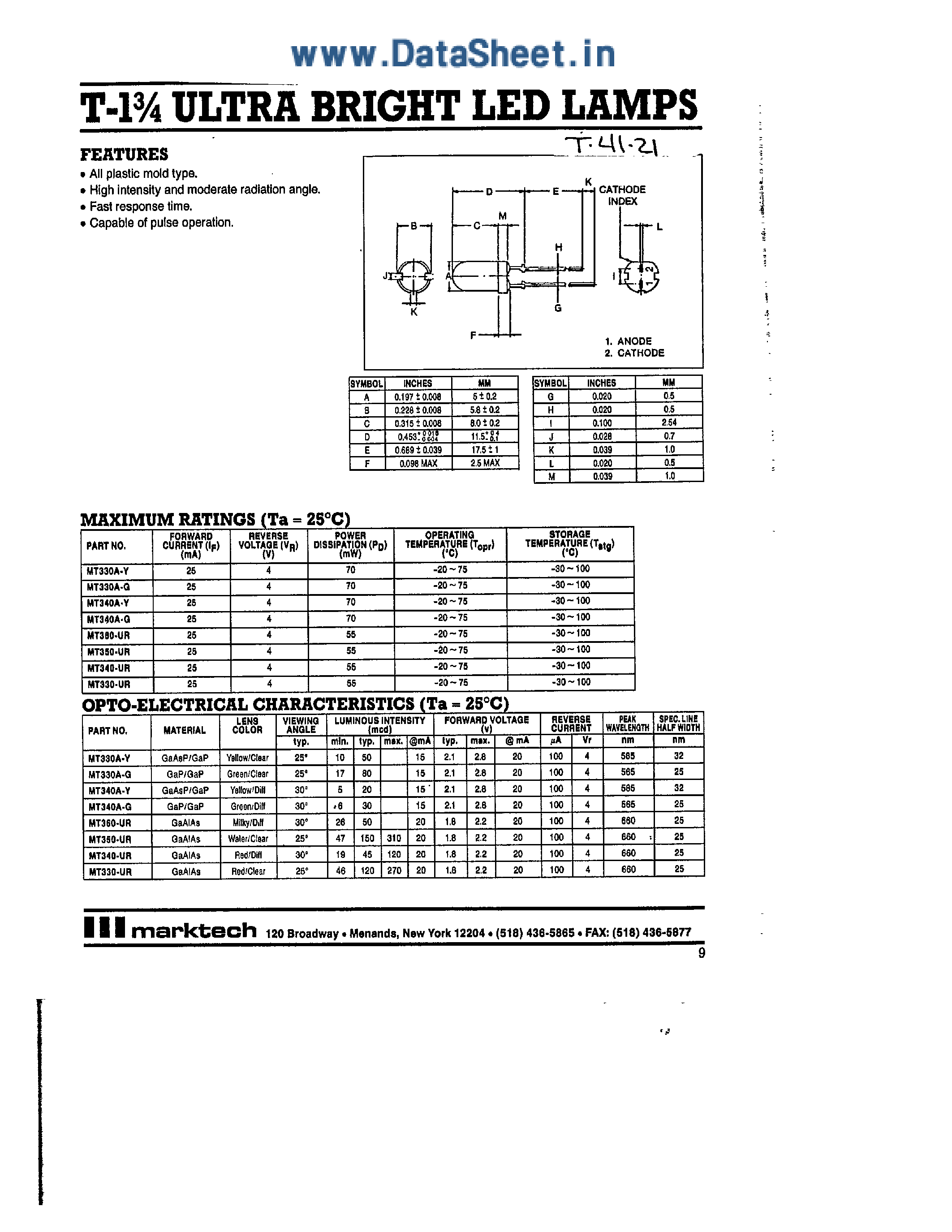 Datasheet MT340 - T-1 3/4 ULTRA BRIGHT LED LAMPS page 1