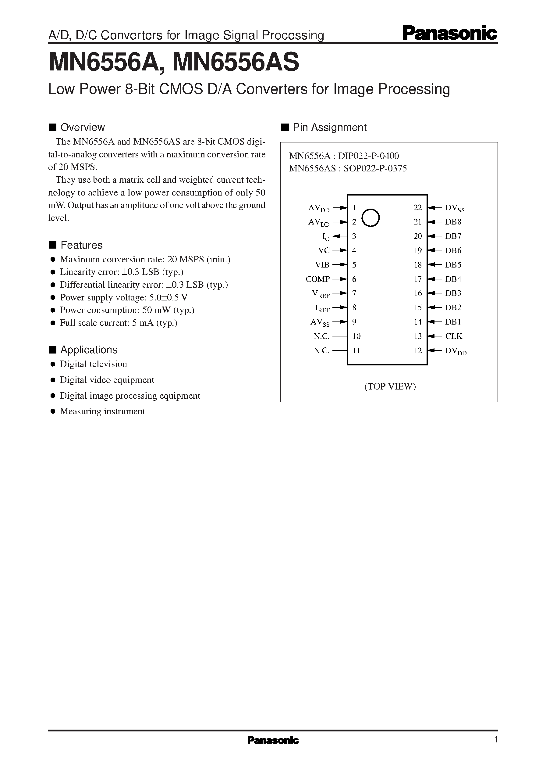 Даташит MN6556A - Low Power 8-Bit CMOS D/A Converters for Image Processing страница 1