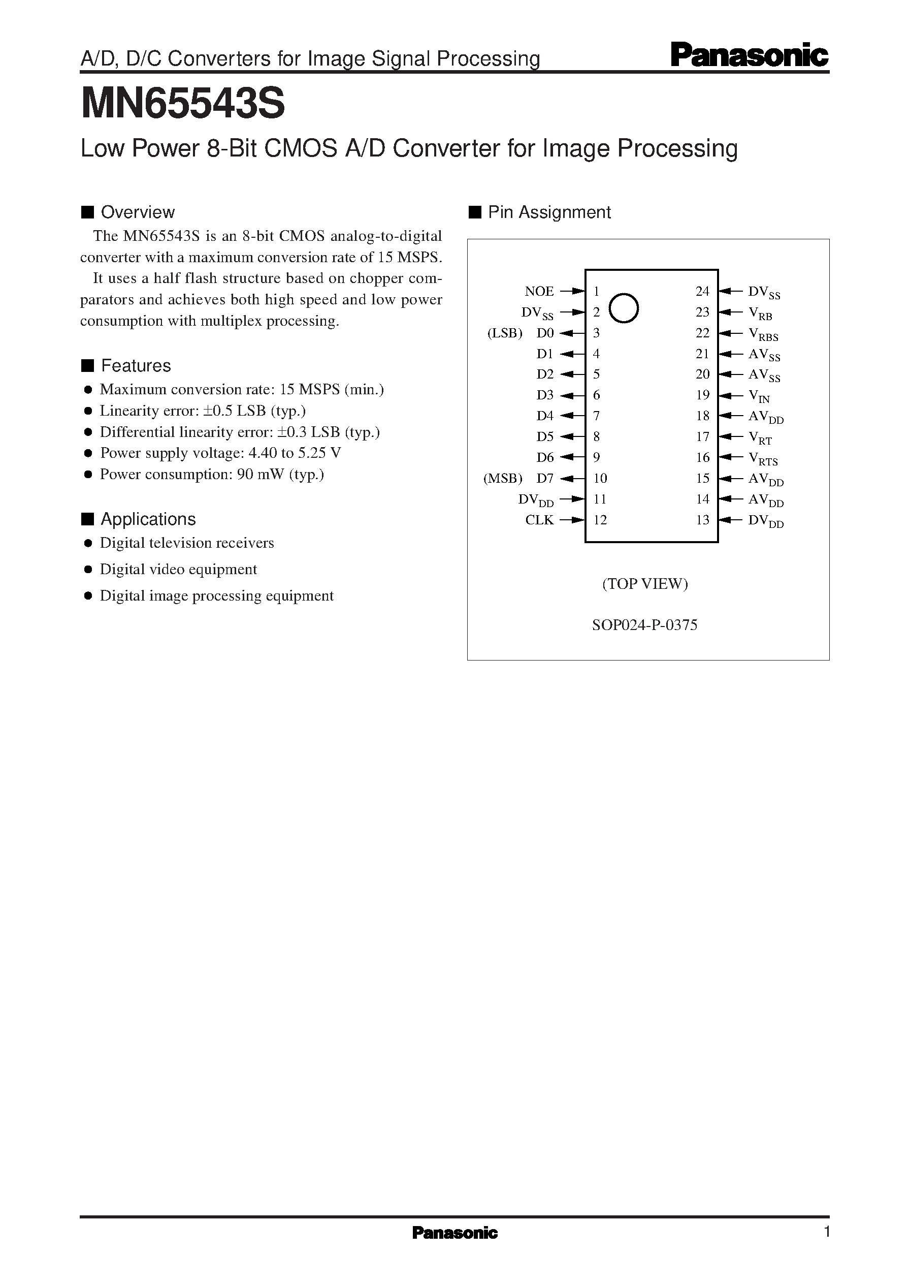 Даташит MN65543S - Low Power 8-Bit CMOS A/D Converter for Image Processing страница 1