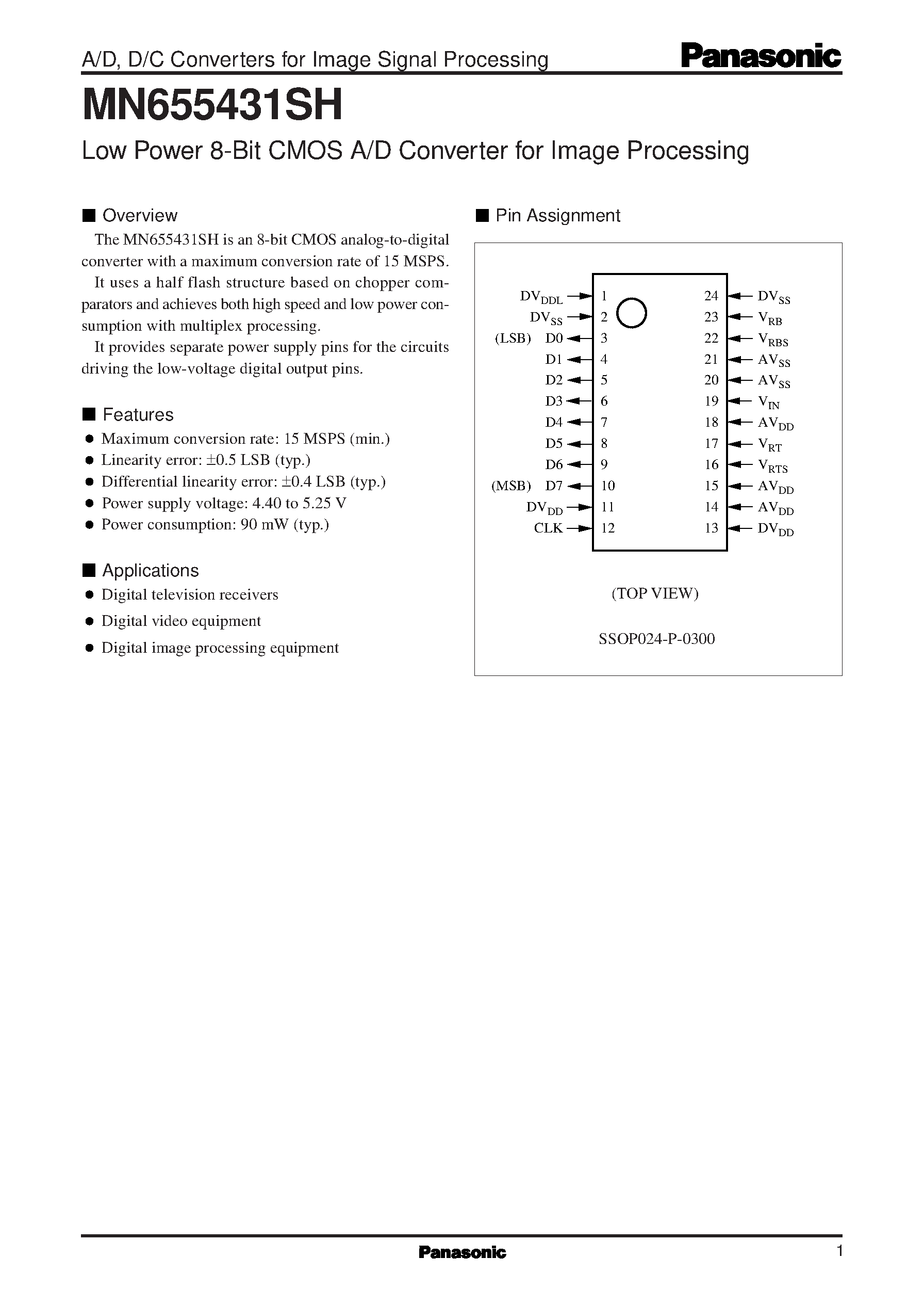 Даташит MN655431SH - Low Power 8-Bit CMOS A/D Converter for Image Processing страница 1
