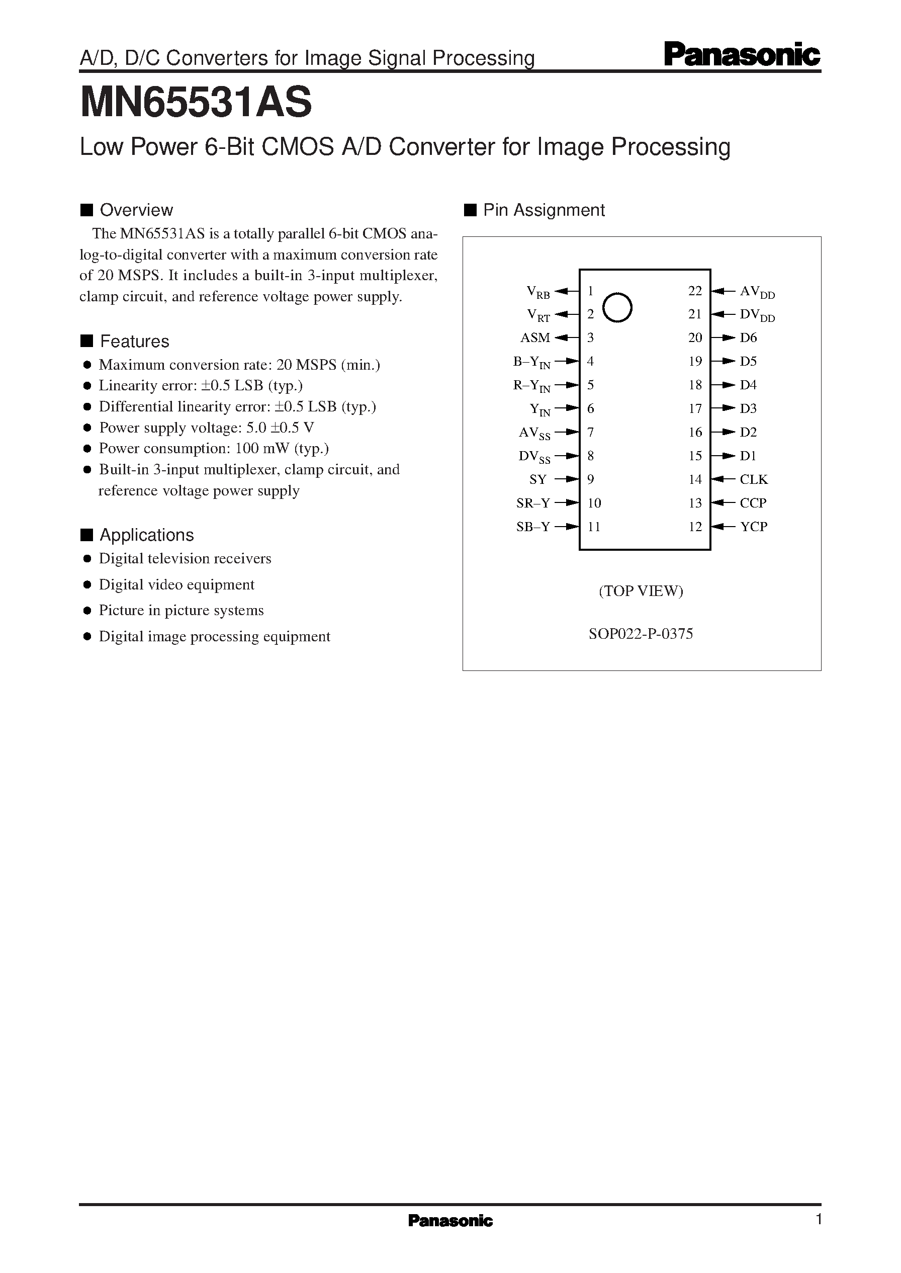 Даташит MN65531AS - Low Power 6-Bit CMOS A/D Converter for Image Processing страница 1