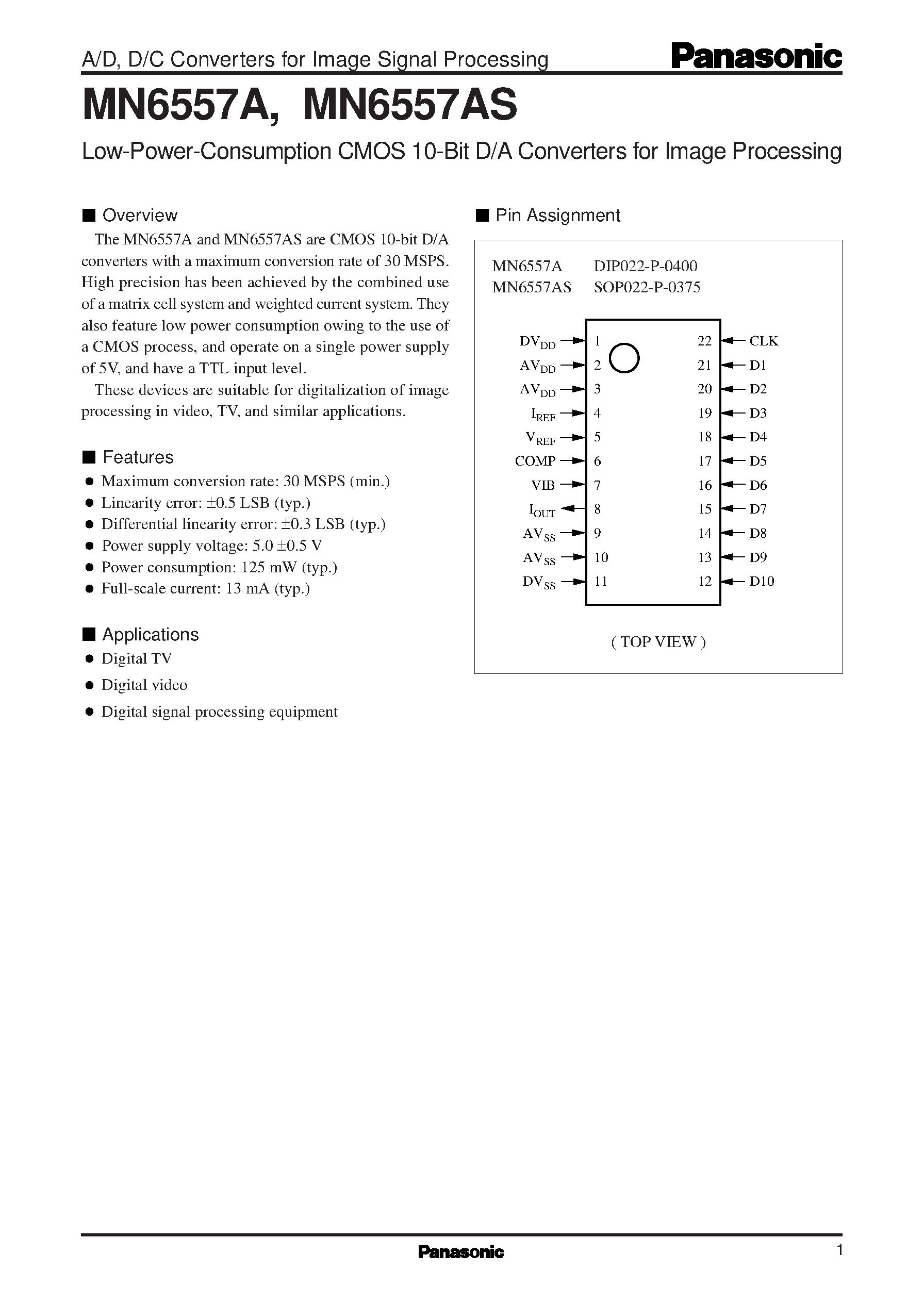 Даташит MN6557A - Low-Power-Consumption CMOS 10-Bit D/A Converters for Image Processing страница 1