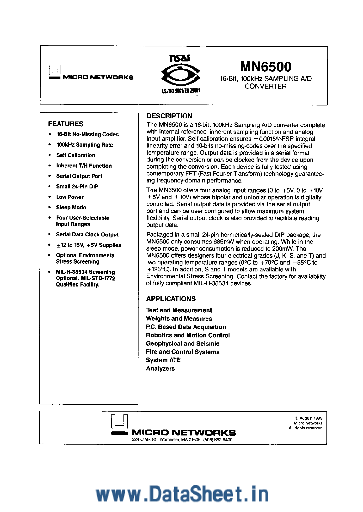 Даташит MN6500 - 16-Bit 100Khz Sampling A/D Converter страница 1