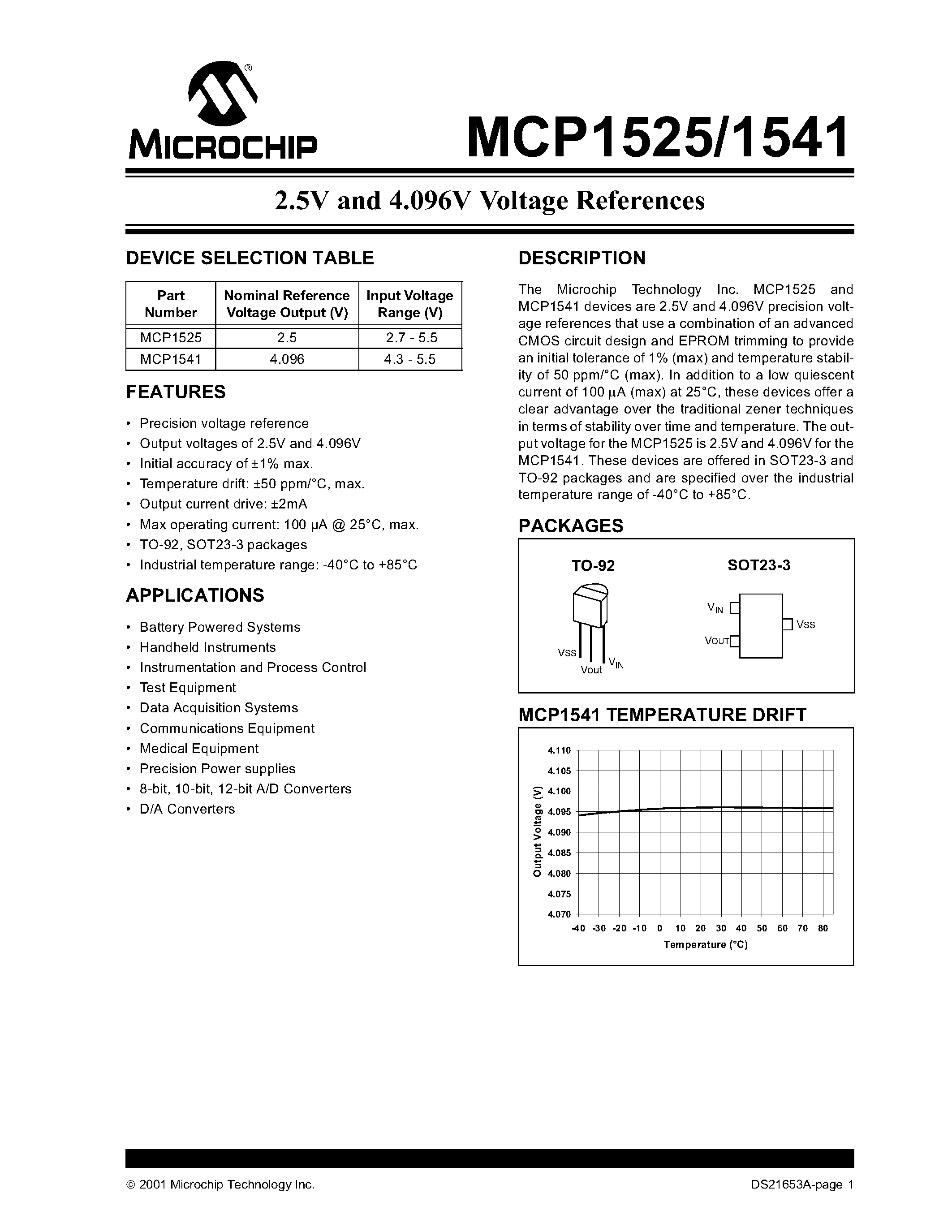 Datasheet MCP1525 - (MCP1525 / MCP1541) 2.5V AND 4.096V VOLTAGE REFERENCES page 1