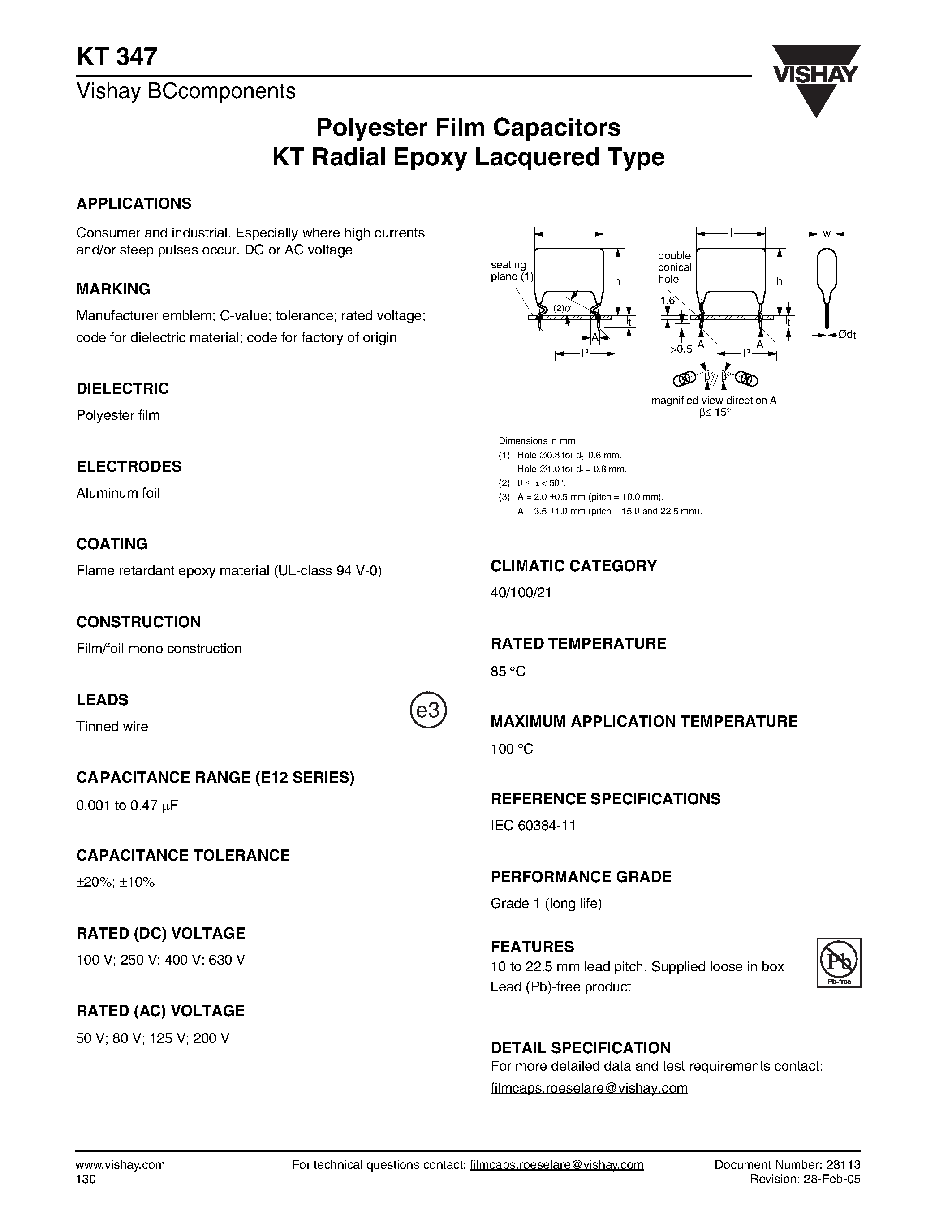 Datasheet KT347 - Polyester Film Capacitors KT Radial Epoxy Lacquered Type page 1