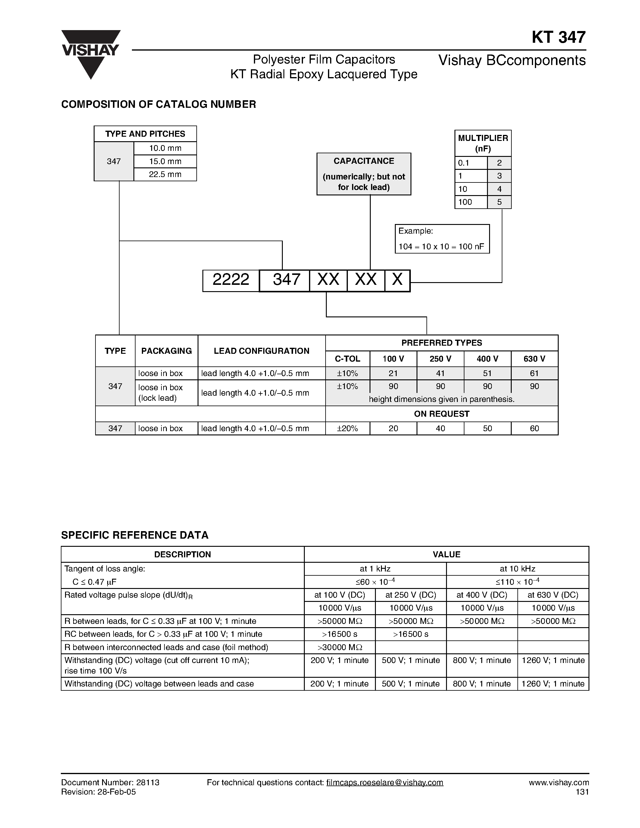 Datasheet KT347 - Polyester Film Capacitors KT Radial Epoxy Lacquered Type page 2