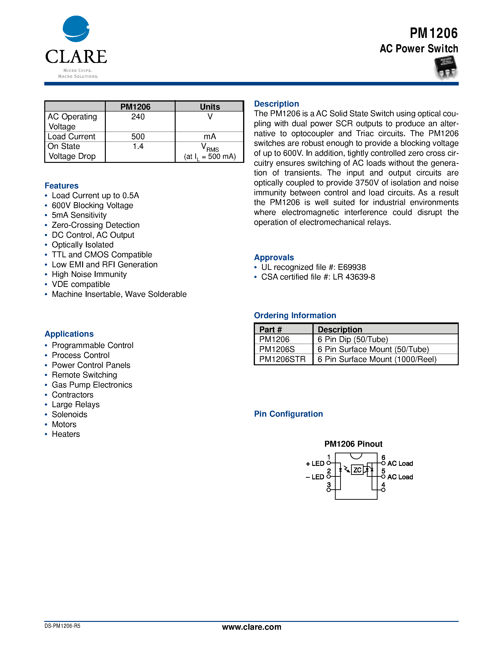 Datasheet PM1206 page 1 Datasheet PM1206 - AC Power Switch page 1
