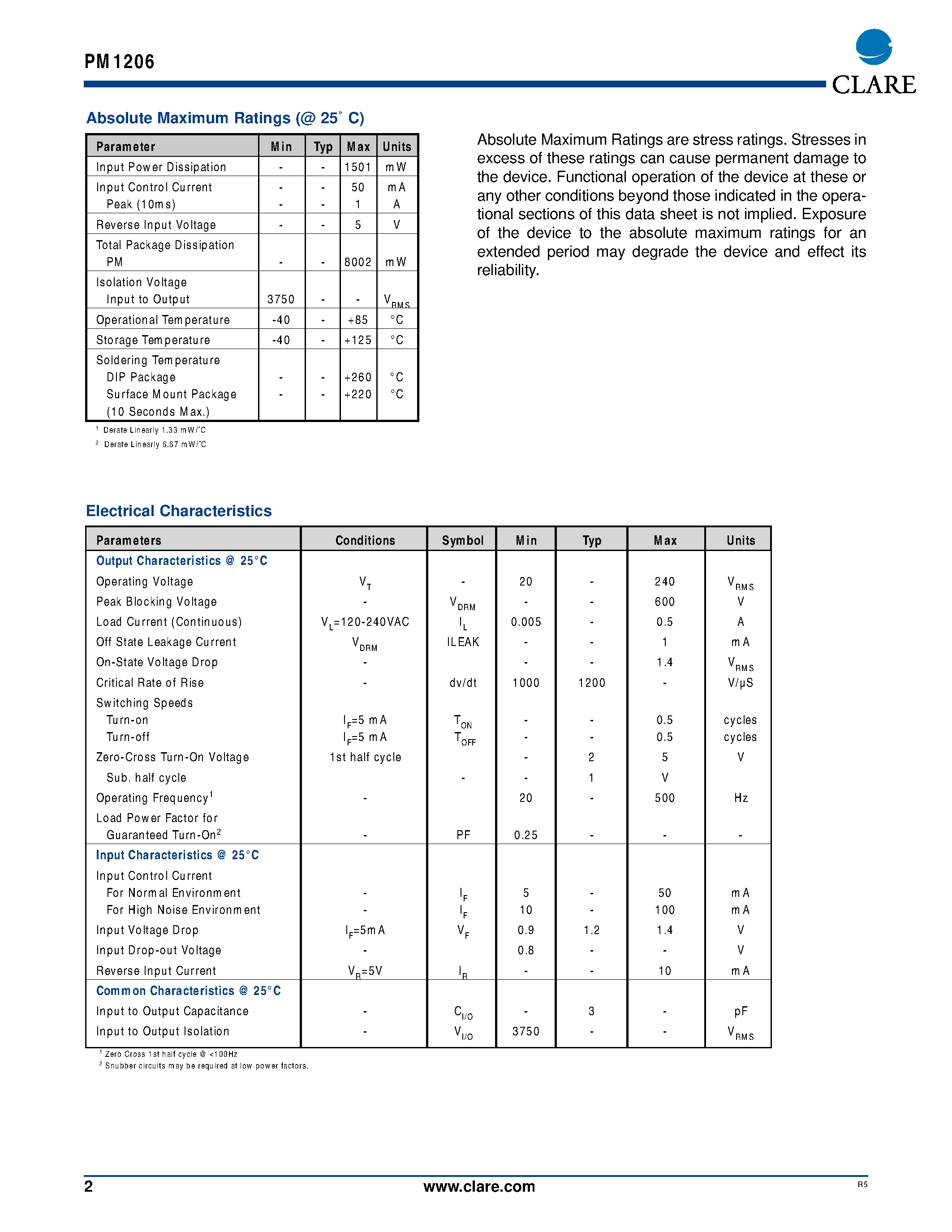 Datasheet PM1206 page 2 Datasheet PM1206 - AC Power Switch page 2
