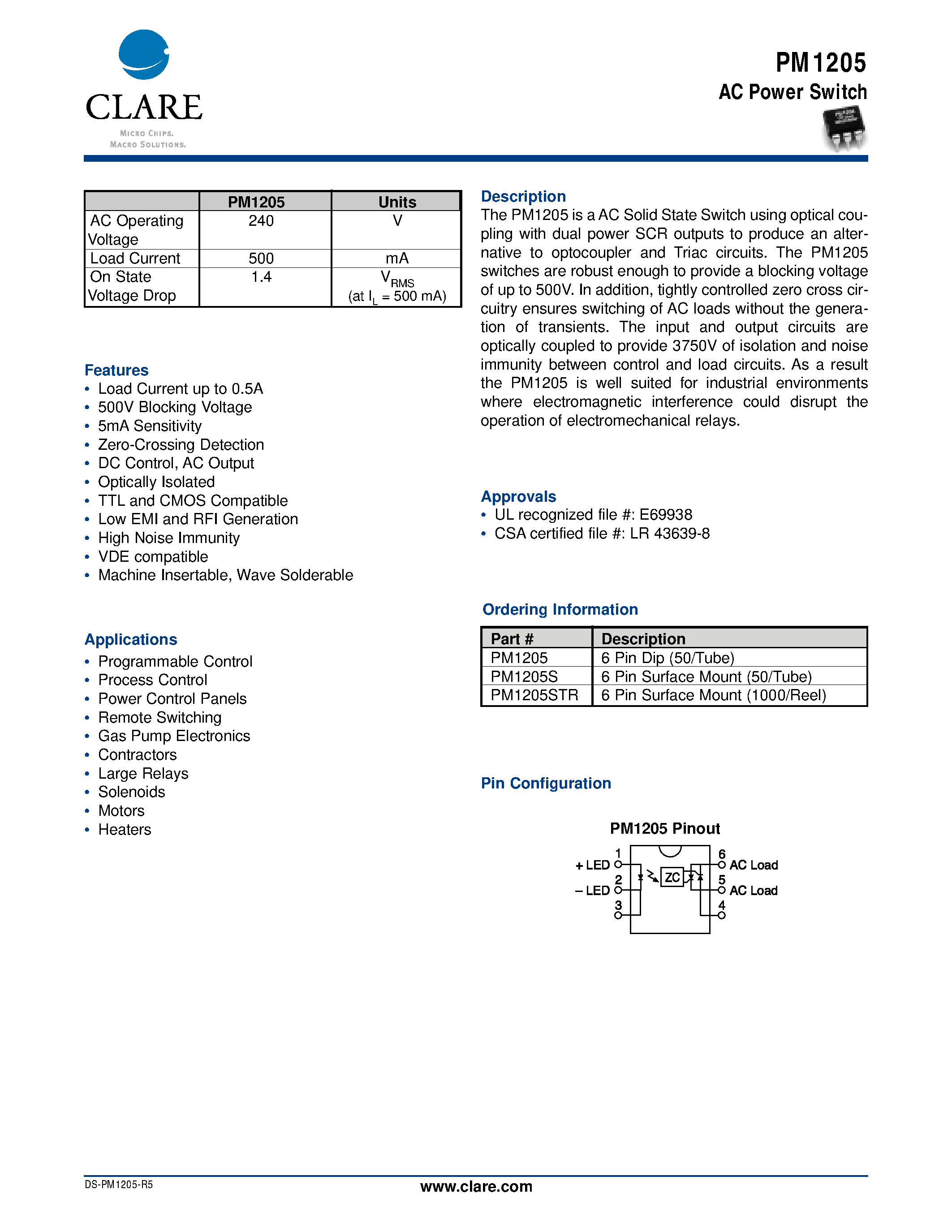 Datasheet PM1205 page 1 Datasheet PM1205 - AC Power Switch page 1