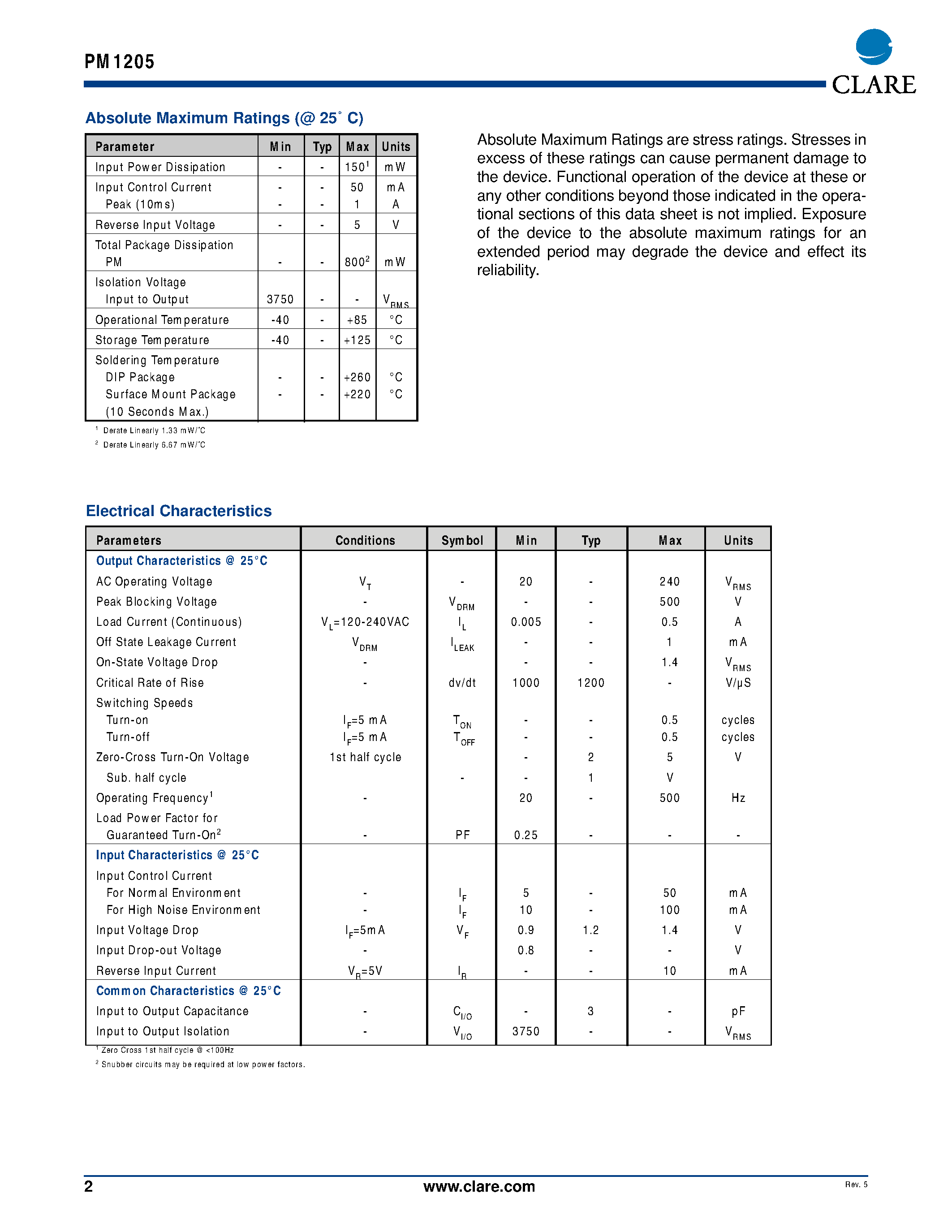 Datasheet PM1205 page 2 Datasheet PM1205 - AC Power Switch page 2