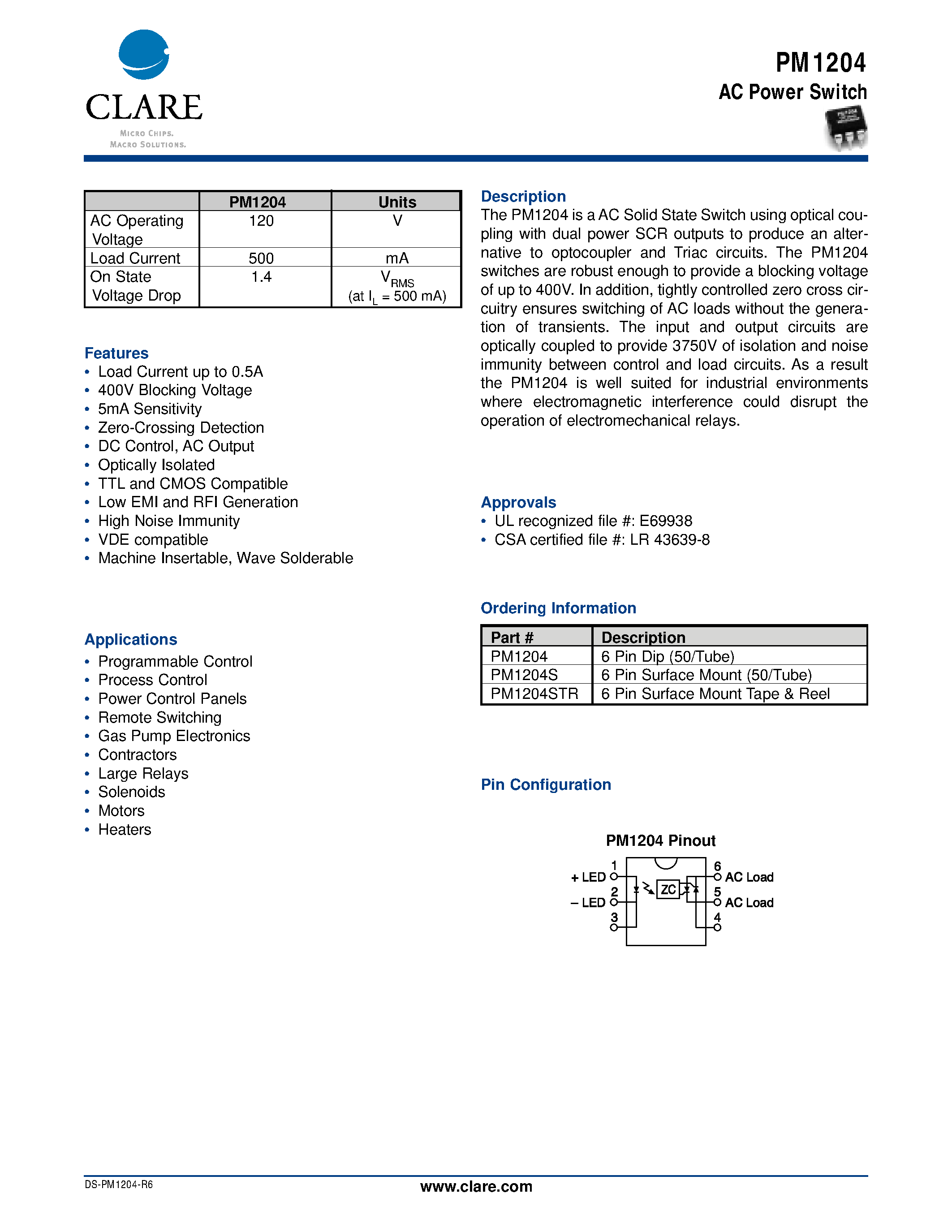 Datasheet PM1204 page 1 Datasheet PM1204 - AC Power Switch page 1
