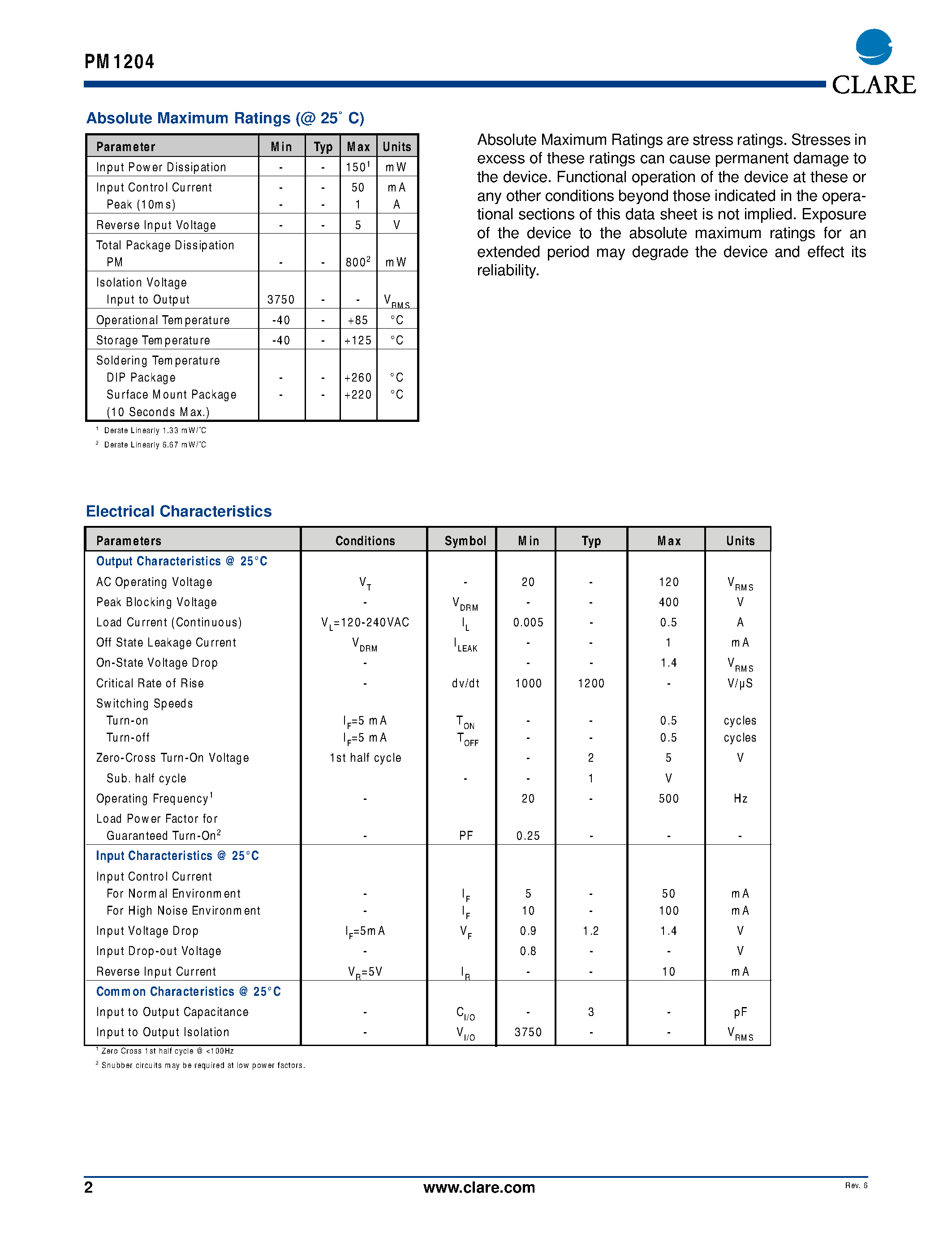 Datasheet PM1204 page 2 Datasheet PM1204 - AC Power Switch page 2