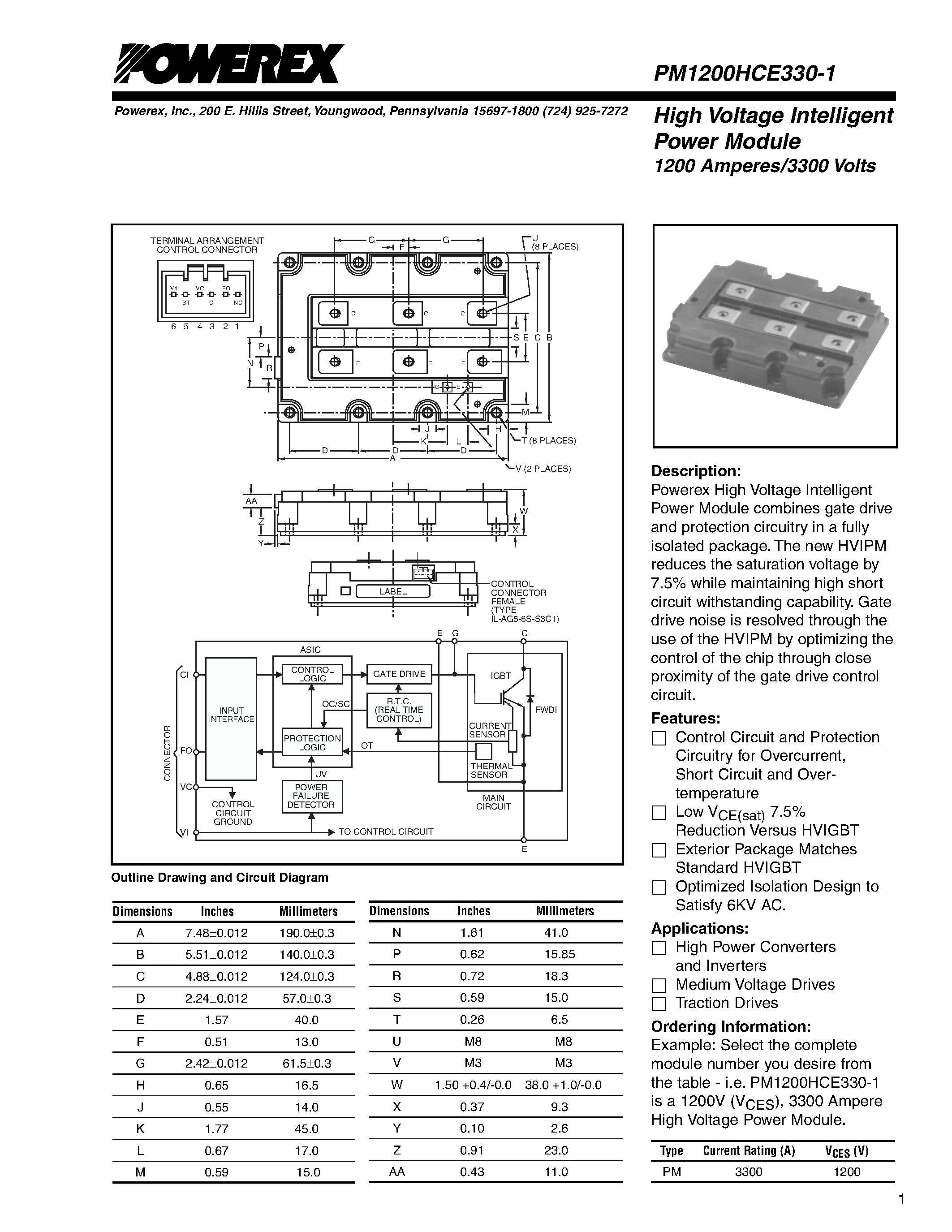 Даташит PM1200HCE330-1 - High Voltage Intelligent Power Module страница 1
