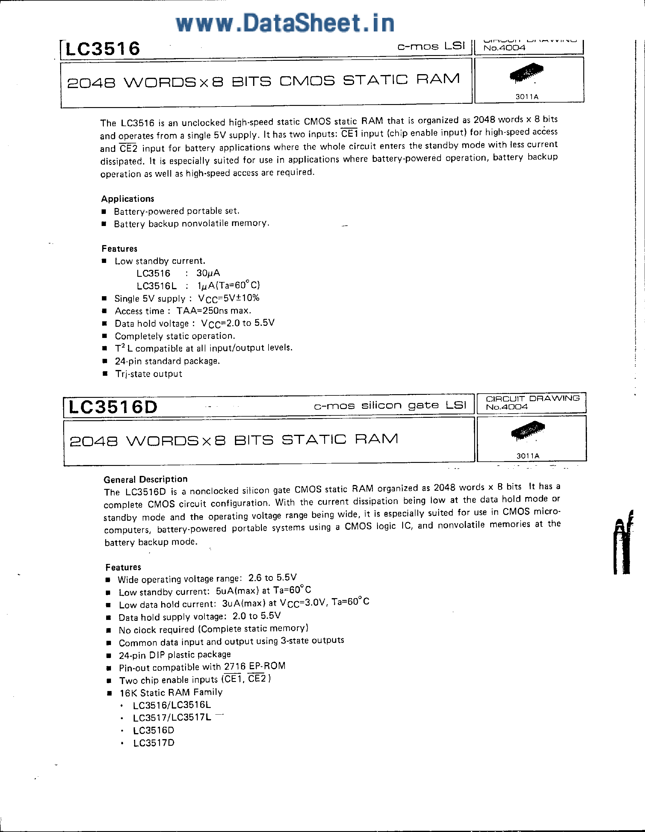 Даташит LC3516 - 2048 words x 8-Bits SRAM страница 1