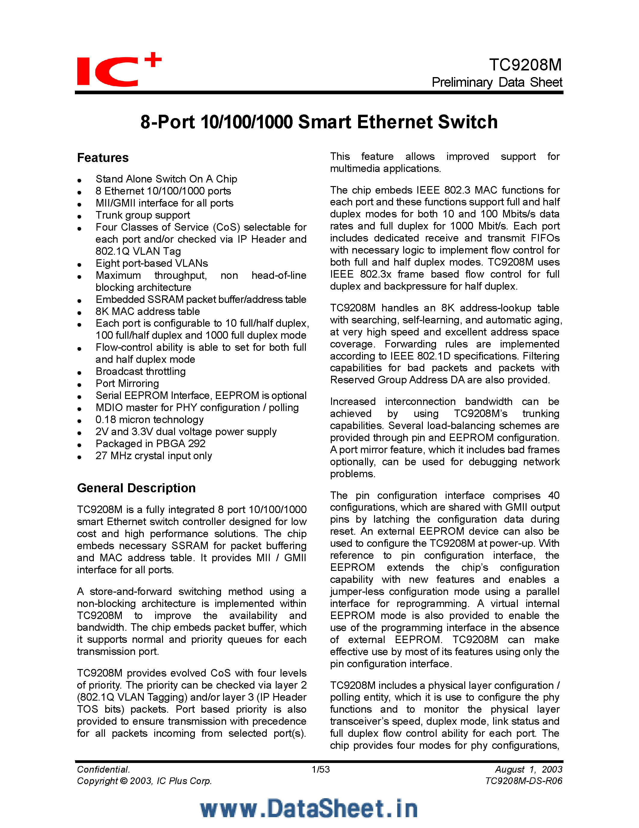 Даташит TC9208M - 8-Port 10/100/1000 Smart Ethernet Switch страница 1