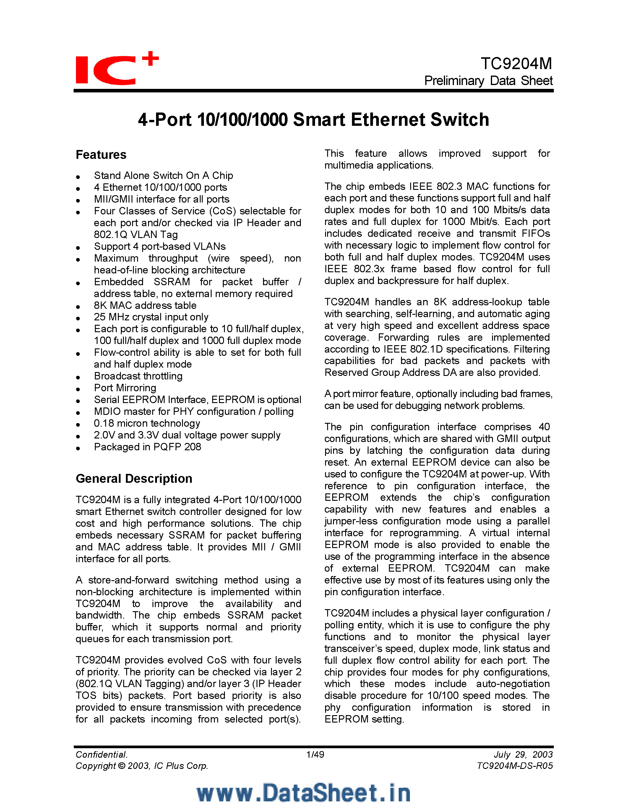 Datasheet TC9204M page 1 Datasheet TC9204M - 4-Port 10/100/1000 Smart Ethernet Switch page 1
