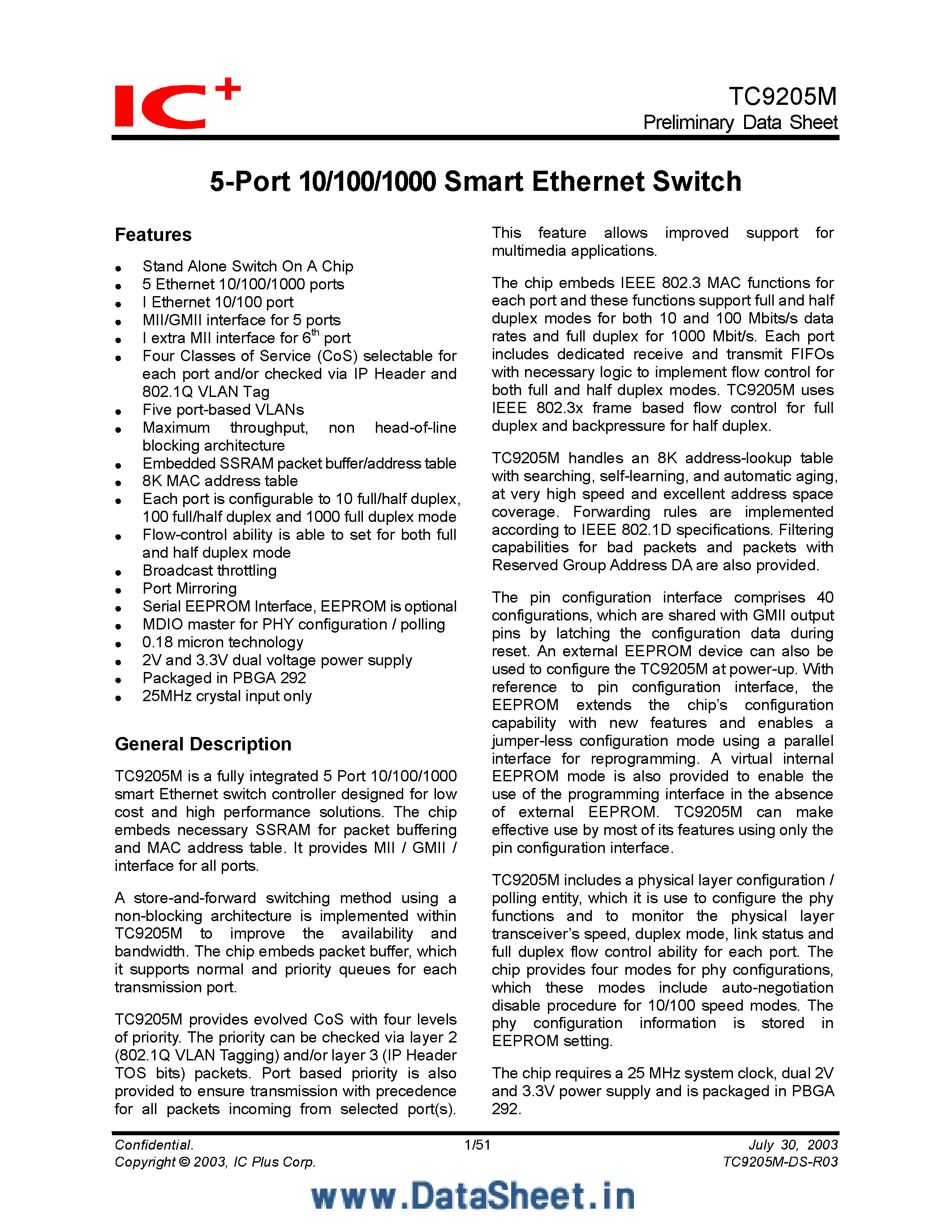 Datasheet TC9205M - 5-Port 10/100/1000 Smart Ethernet Switch page 1