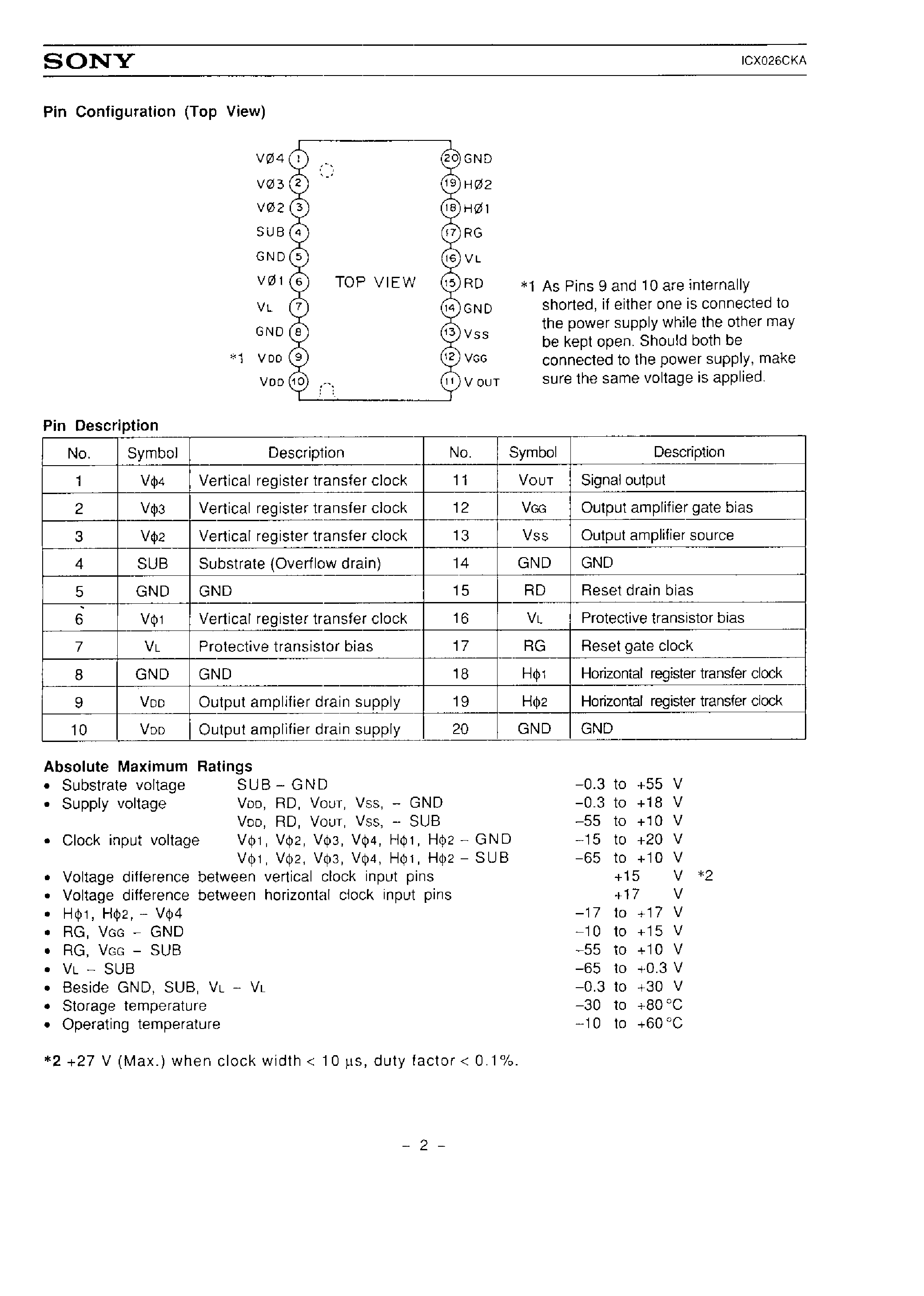 Datasheet ICX026CKA page 2 Datasheet ICX026CKA - 1/2 INCH CCD IMAGE SENSOR FOR NTSC COLOR CAMERA page 2