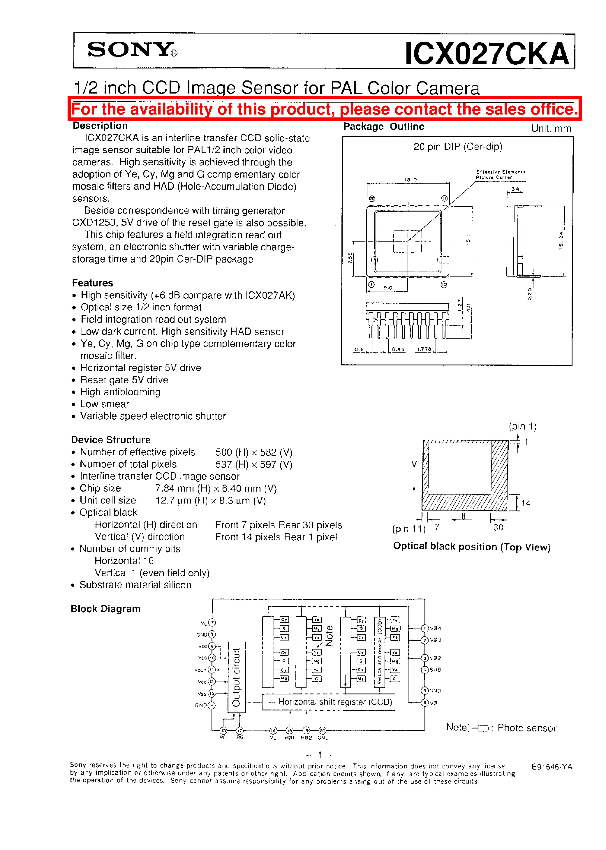 Datasheet ICX027CKA - 1/2 INCH CCD IMAGE SENSOR FOR PAL COLOR CAMERA page 1