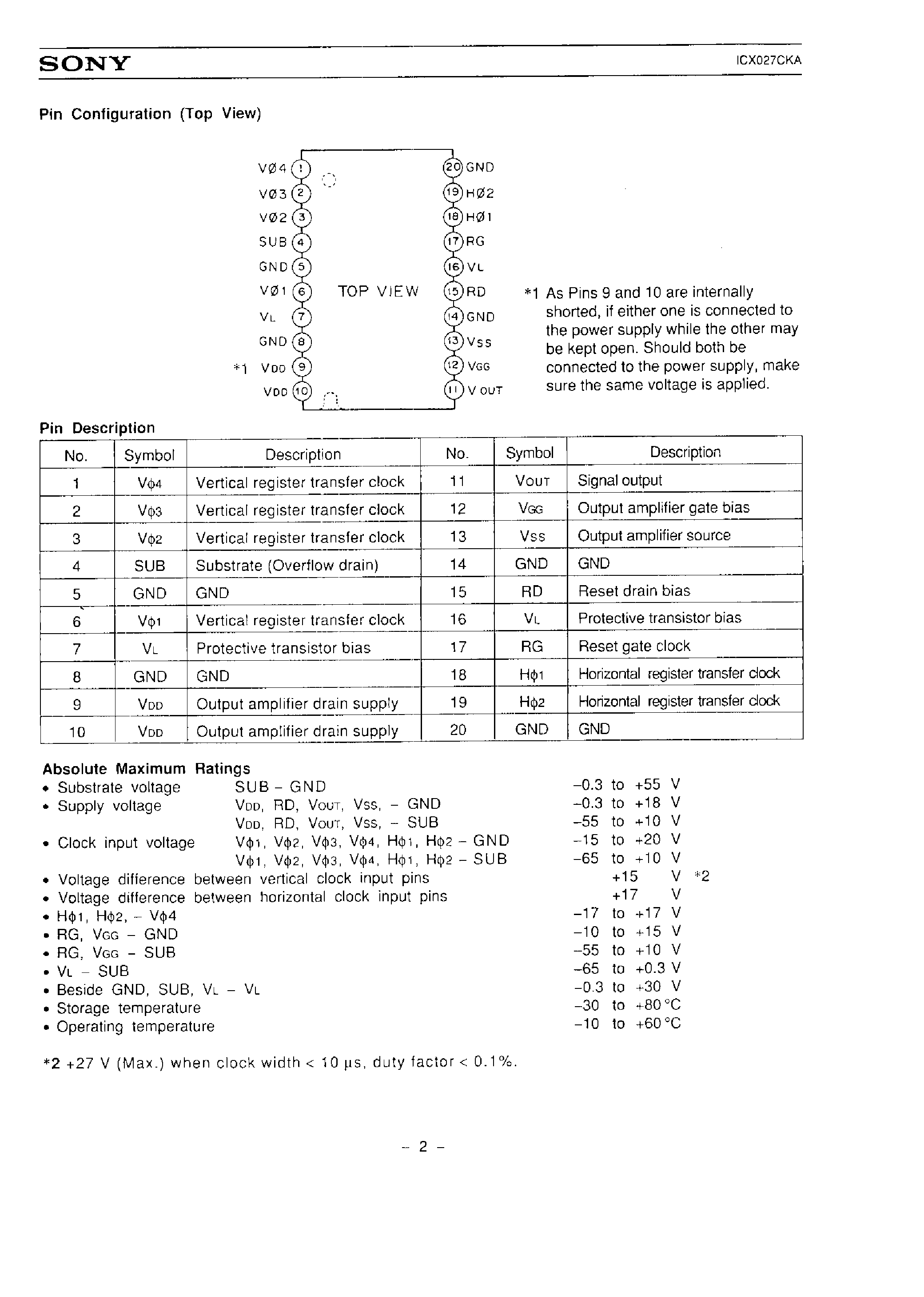 Datasheet ICX027CKA - 1/2 INCH CCD IMAGE SENSOR FOR PAL COLOR CAMERA page 2