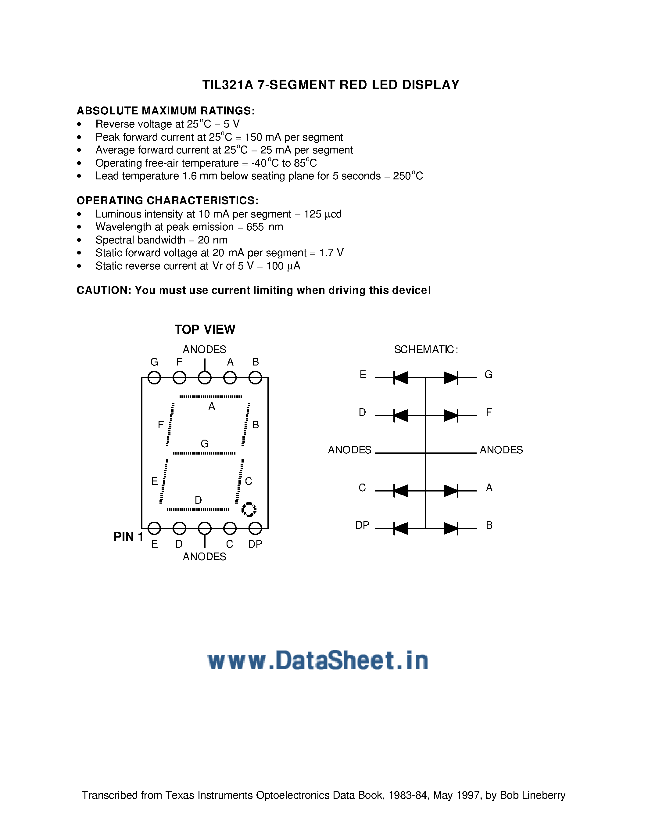 Datasheet TIL321A - 7-Segment RED LED Display page 1
