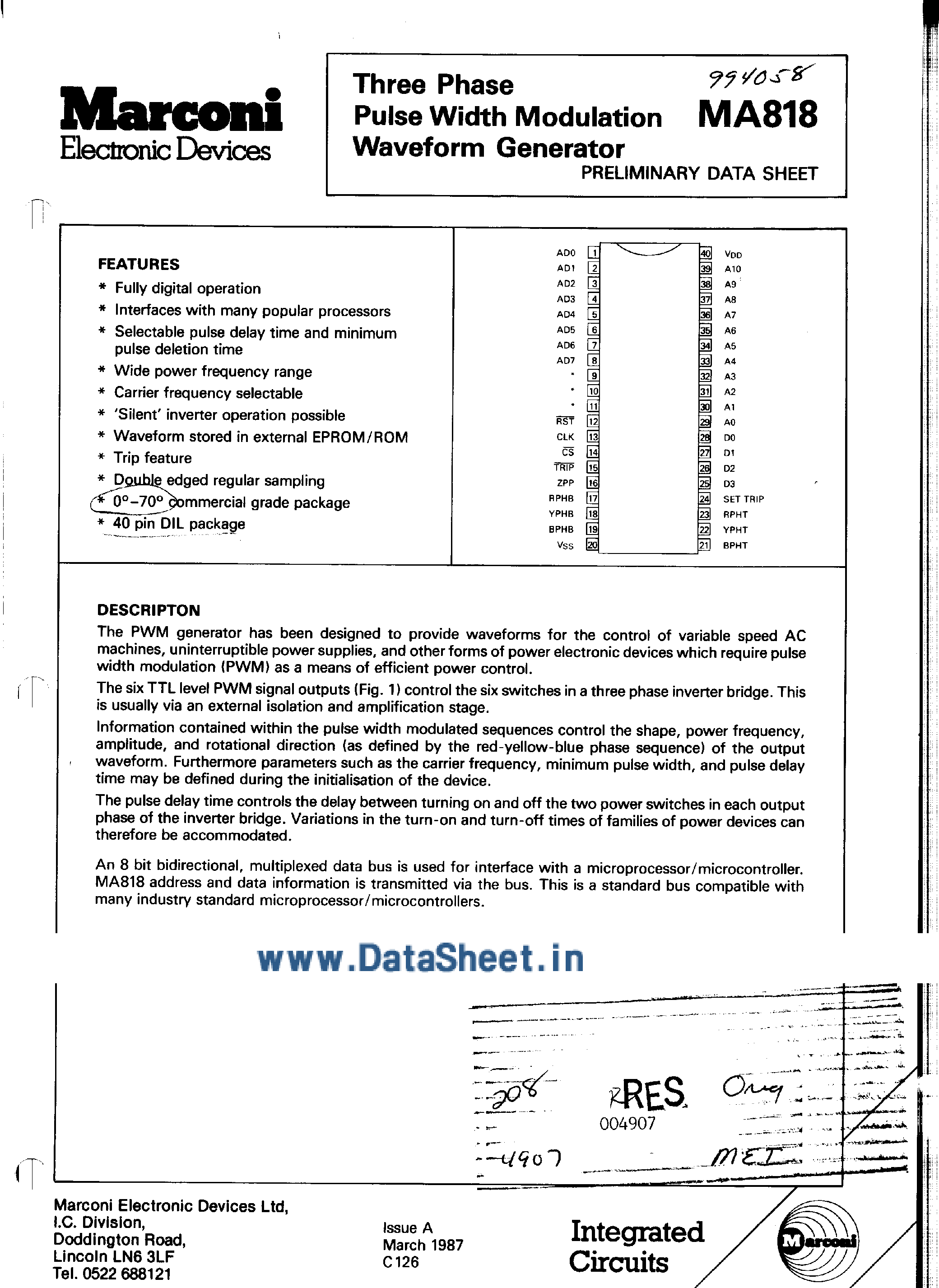 Datasheet MA818 - 3 Phase / Pulse Width Modulation Waveform Generator page 1