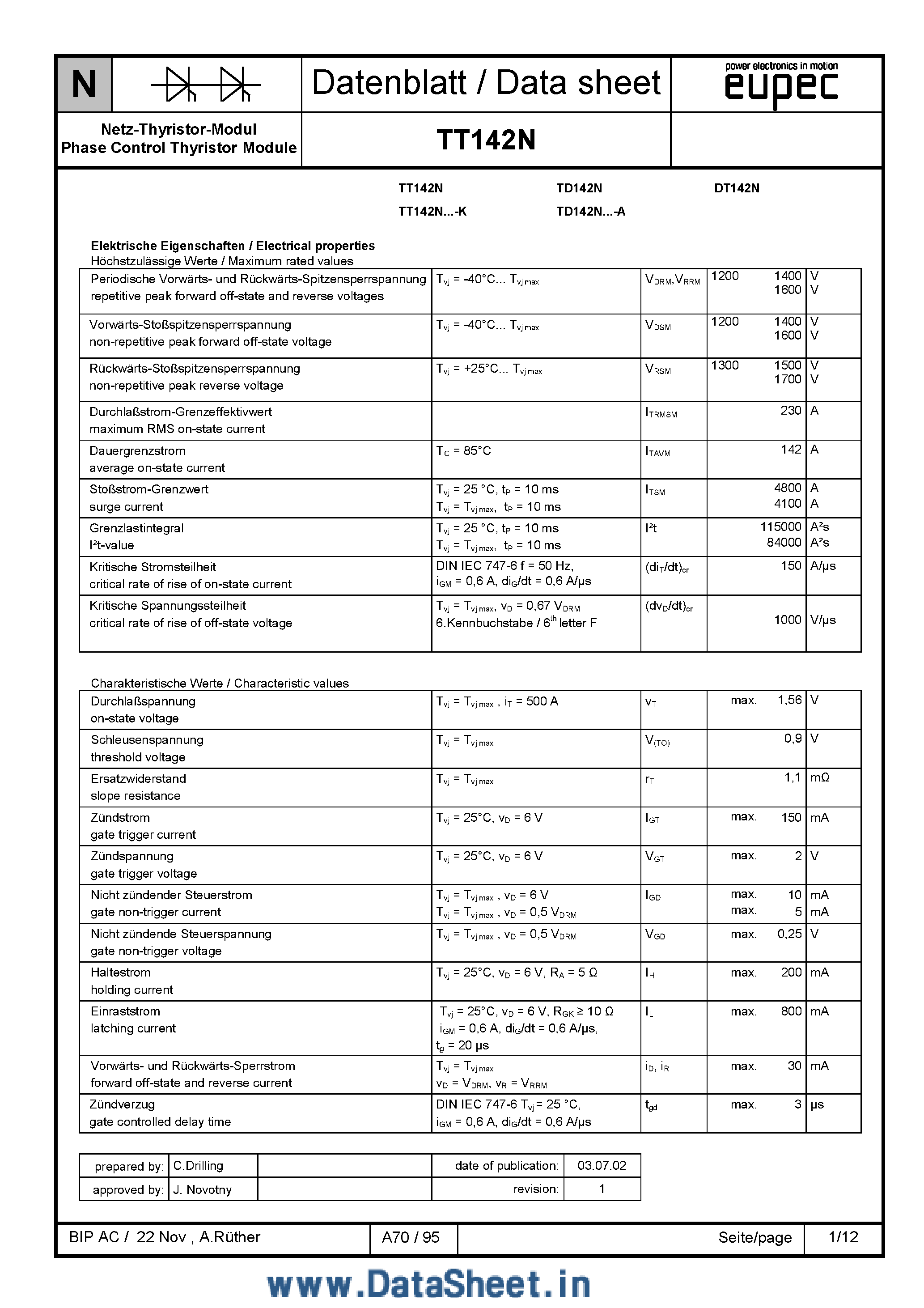 Datasheet TD142N page 1 Datasheet TD142N - THYRISTOR MODULE page 1