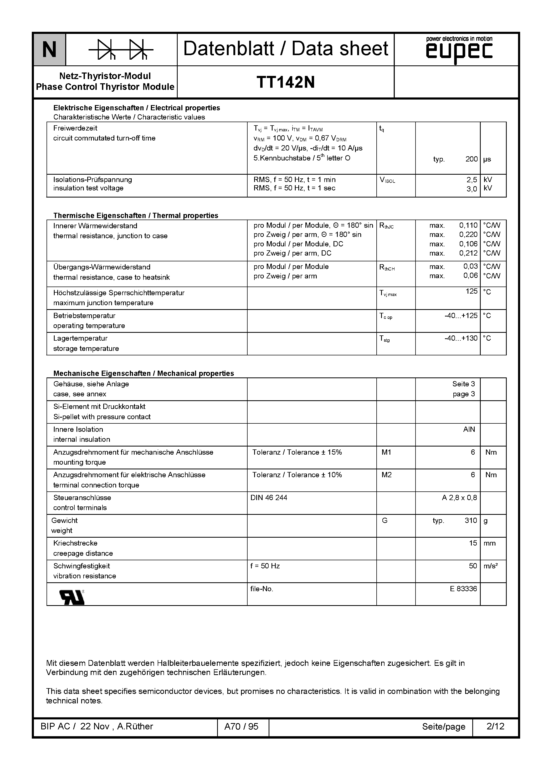 Datasheet TD142N page 2 Datasheet TD142N - THYRISTOR MODULE page 2