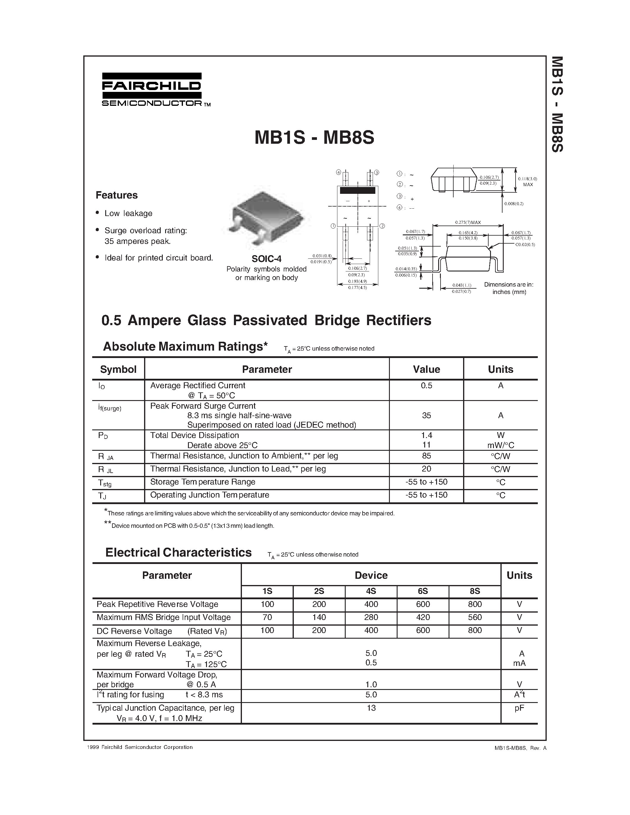 Datasheet MB7S - (MB1S - MB8S) 0.5 Ampere Glass Passivated Bridge Rectifiers page 1