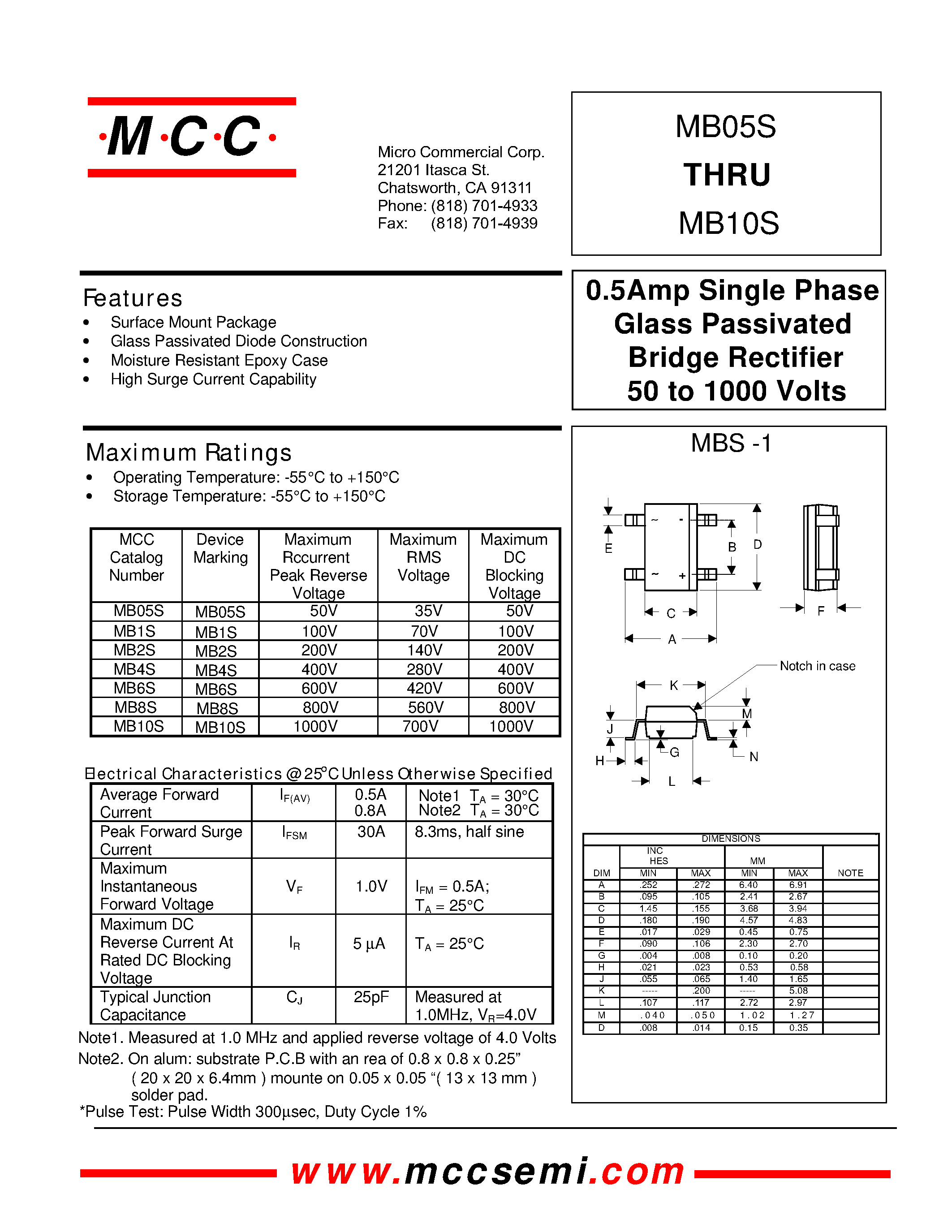 Datasheet MB1S - (MB05S / MB1S - MB10S) 0.5Amp Single Phase Glass Passivated Bridge Rectifier 50 to 1000 Volts page 1