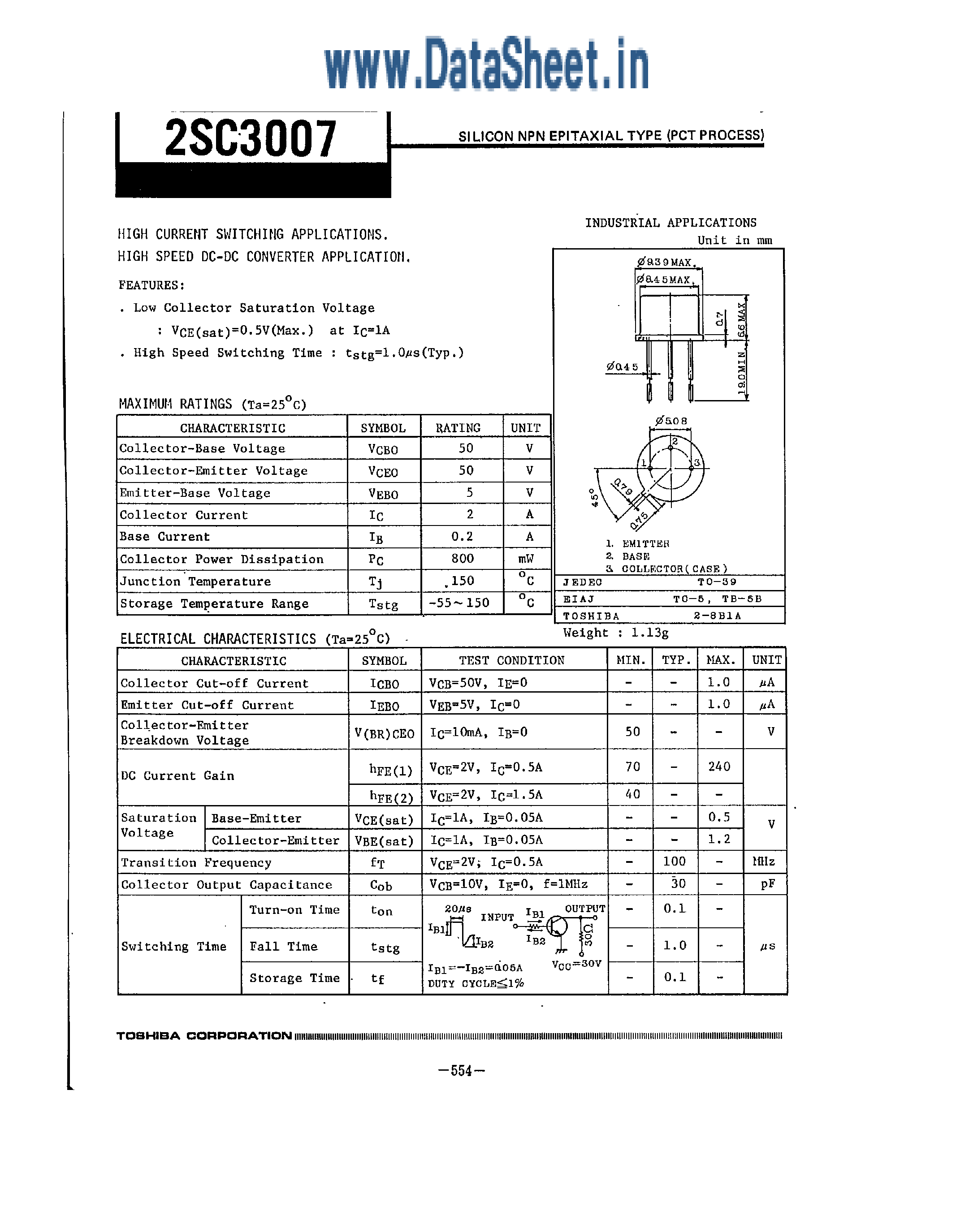 Datasheet 2SC3007 - High Current Switching Application / High Speed DC-DC Converter Application page 1