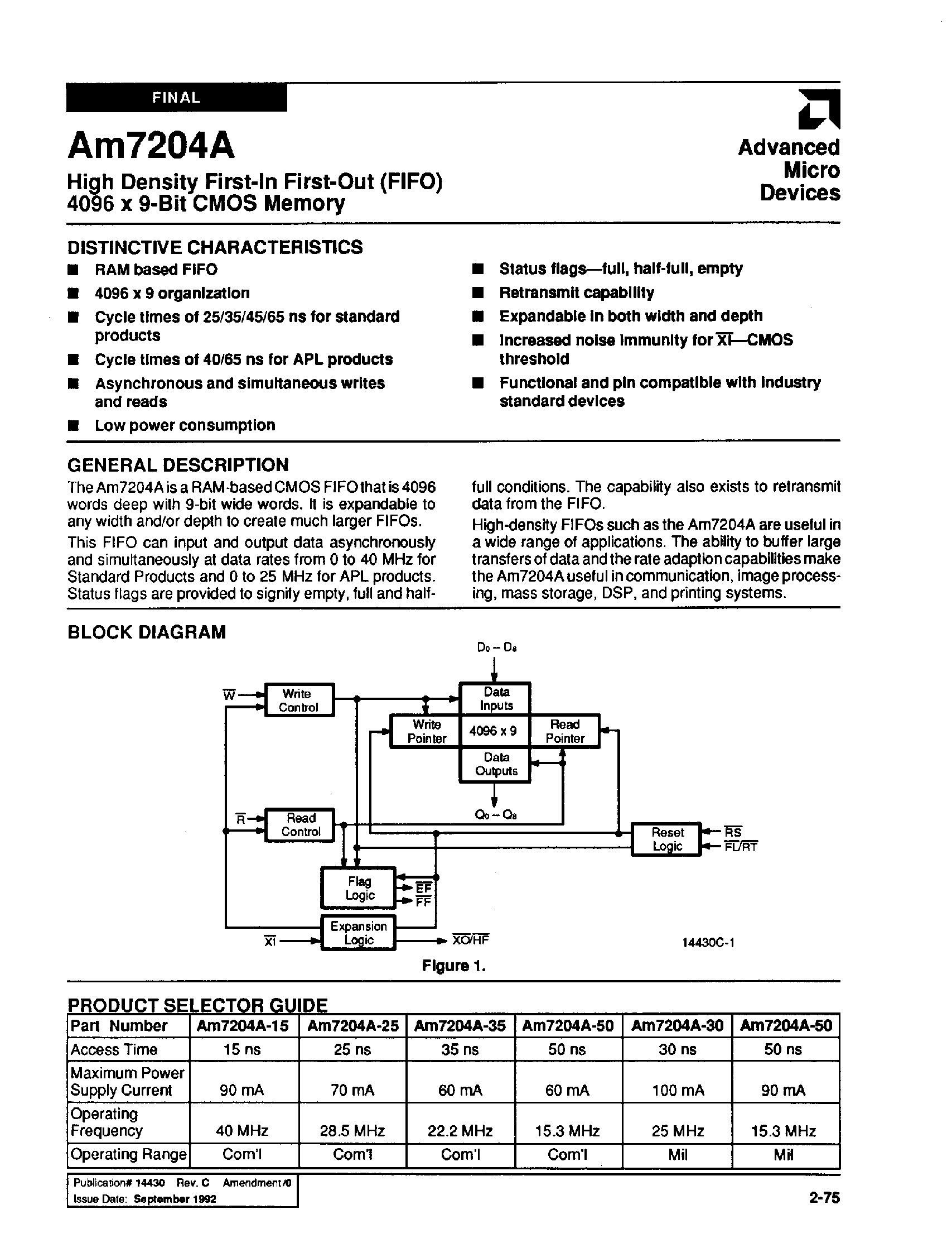 Datasheet AM7204A page 1 Datasheet AM7204A - HIGH DENSITY FIRST-IN FIRST-OUT(FIFO) 4096 x 9-BIT CMOS MEMORY page 1
