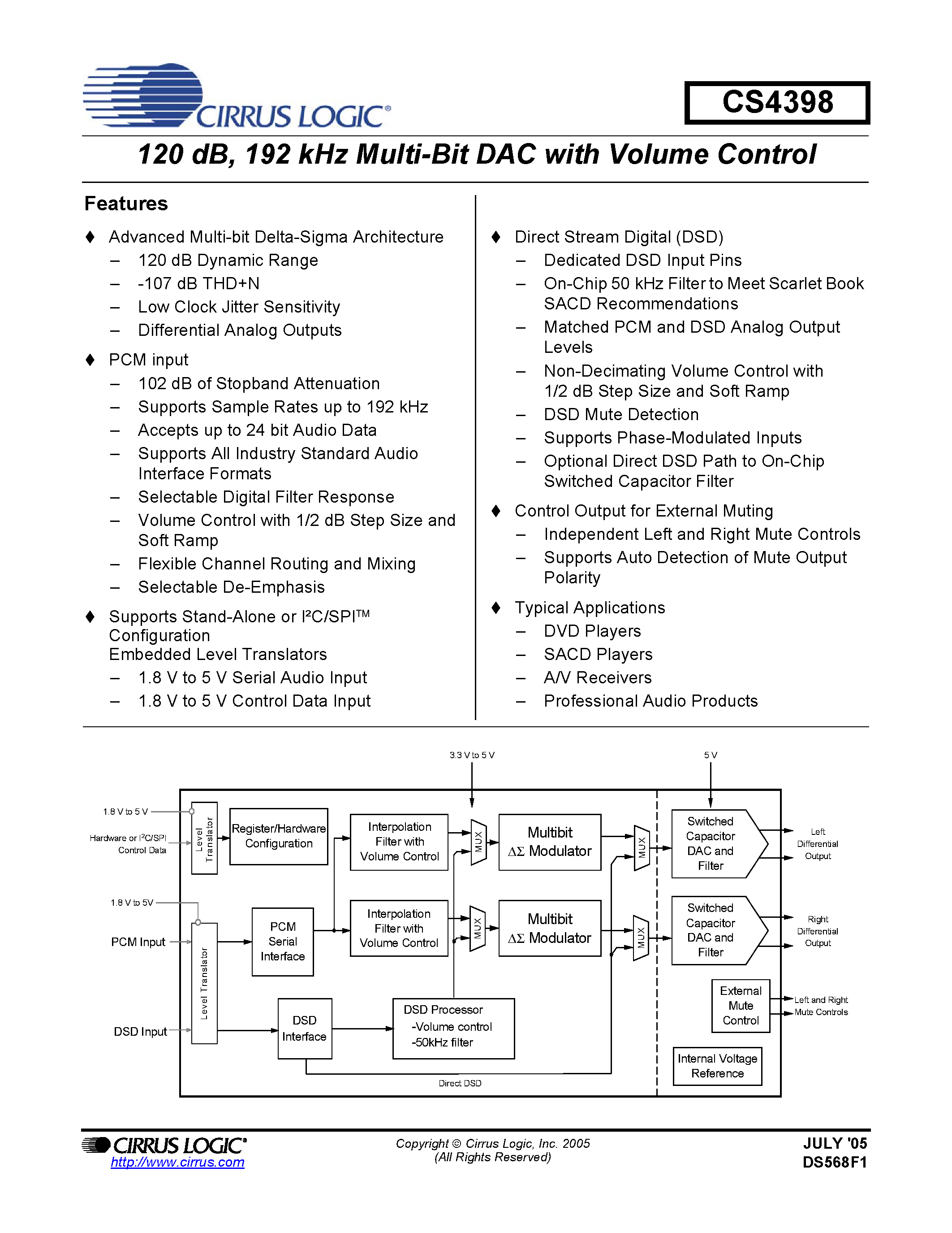 Даташит на микросхему CS4398 страница 1 Даташит CS4398 - 120 dB / 192 kHz Multi-Bit DAC with Volume Control страница 1