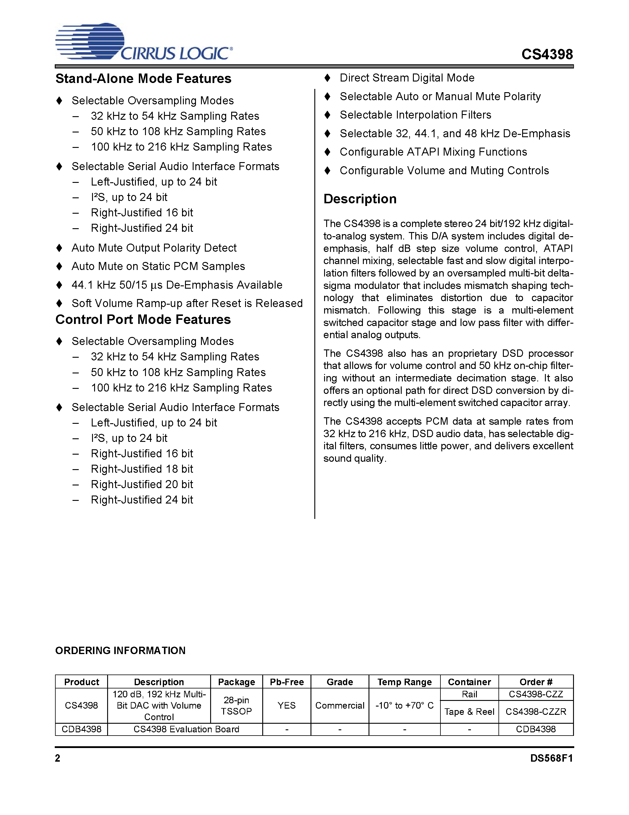 Даташит на микросхему CS4398 страница 2 Даташит CS4398 - 120 dB / 192 kHz Multi-Bit DAC with Volume Control страница 2