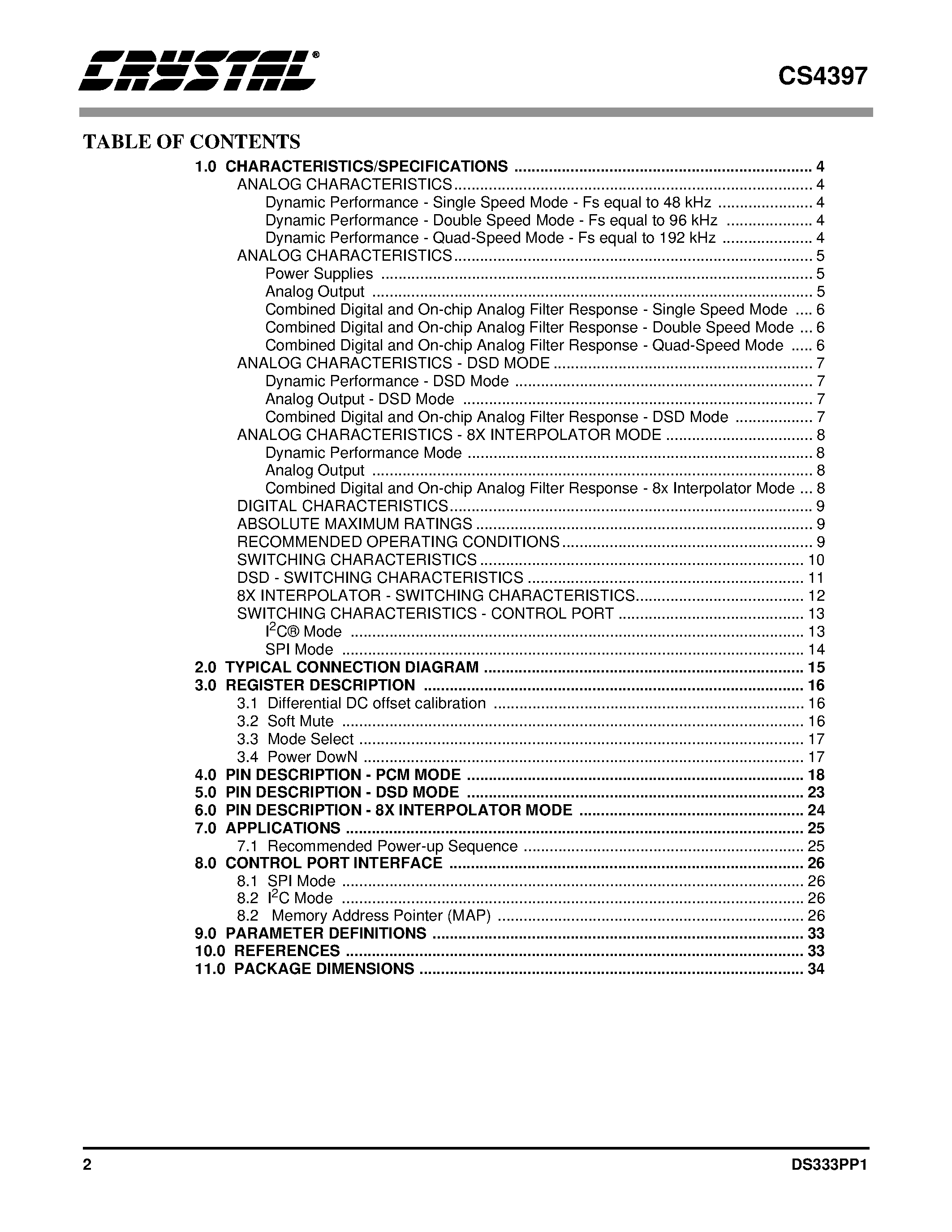 Даташит на микросхему CS4397 страница 2 Даташит CS4397 - 24-Bit / Multi-Standard D/A Converter for Digital Audio страница 2