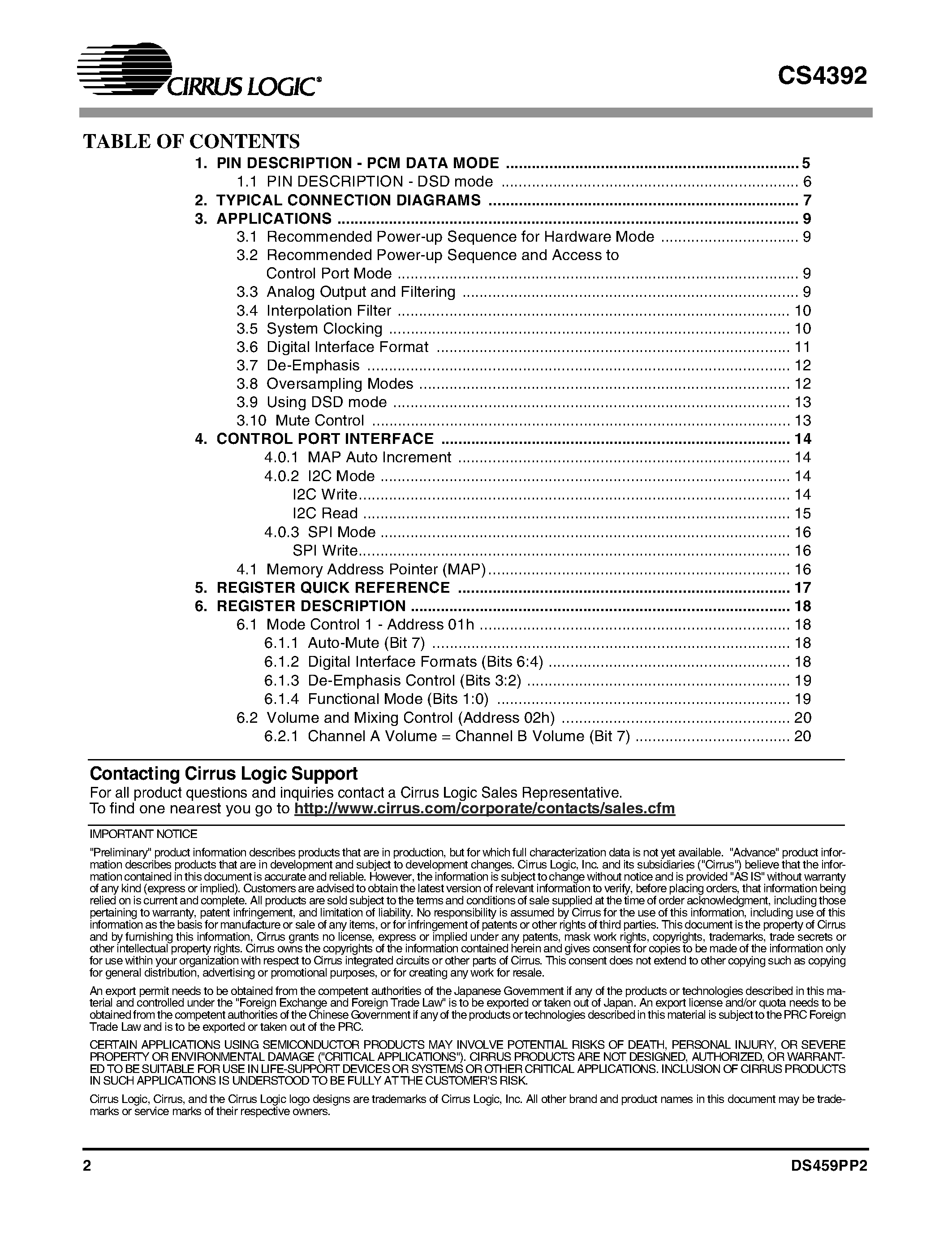 Даташит CS4392 - 24-Bit / 192 kHz Stereo DAC with Volume Control страница 2