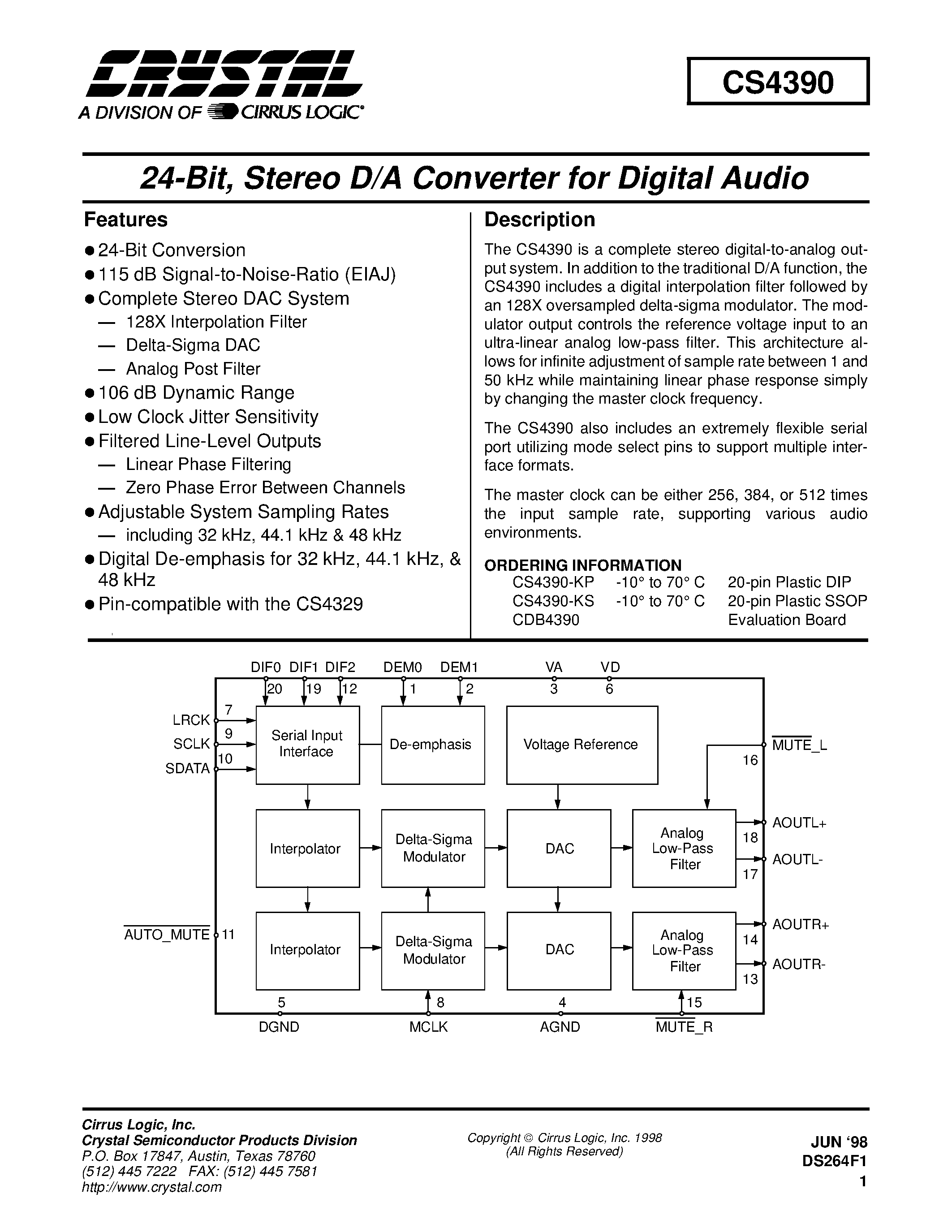 Даташит на микросхему CS4390 страница 1 Даташит CS4390 - 24-Bit / Stereo D/A Converter for Digital Audio страница 1