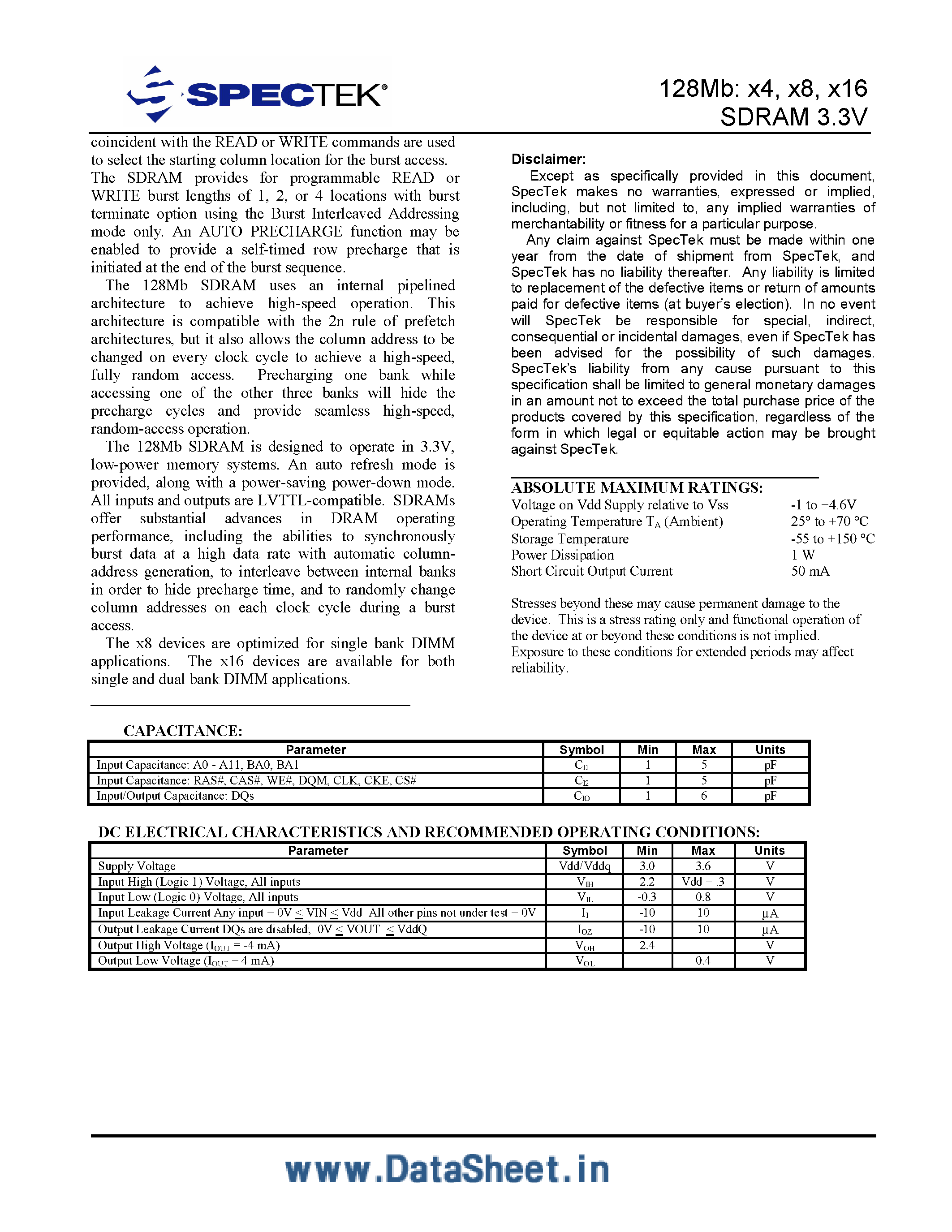 Datasheet S80016LK7 - 128Mb :x4 x8 x16 SDRAM 3.3V page 2