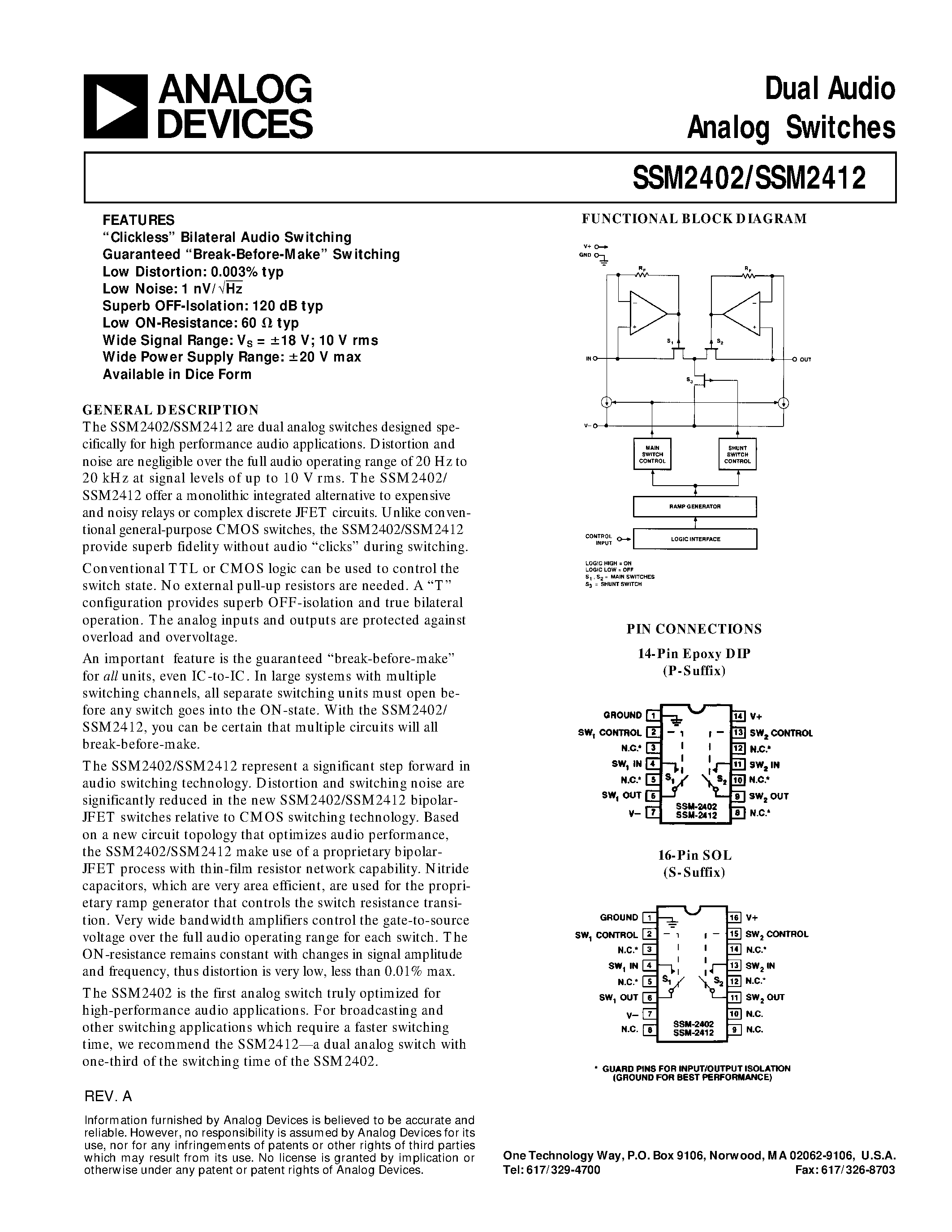 Datasheet SSM-2402 page 1 Datasheet SSM-2402 - (SSM2402 / SSM2412) Dual Audio Analog Switches page 1
