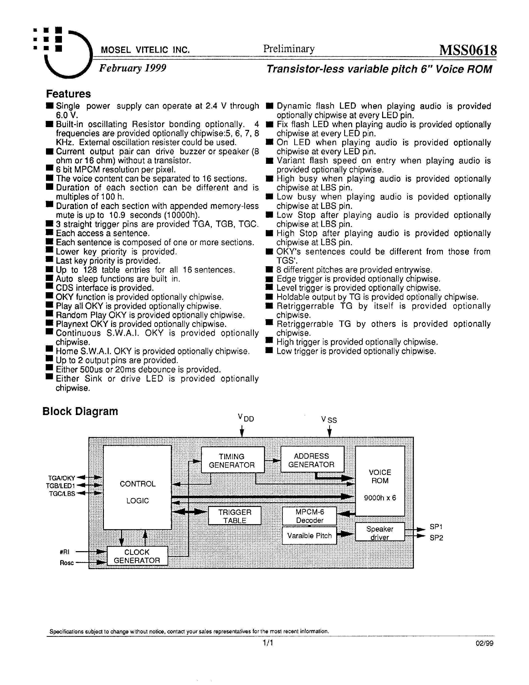 Datasheet MSS0618 - Transistor-less variable pitch 6 Voice ROM page 1