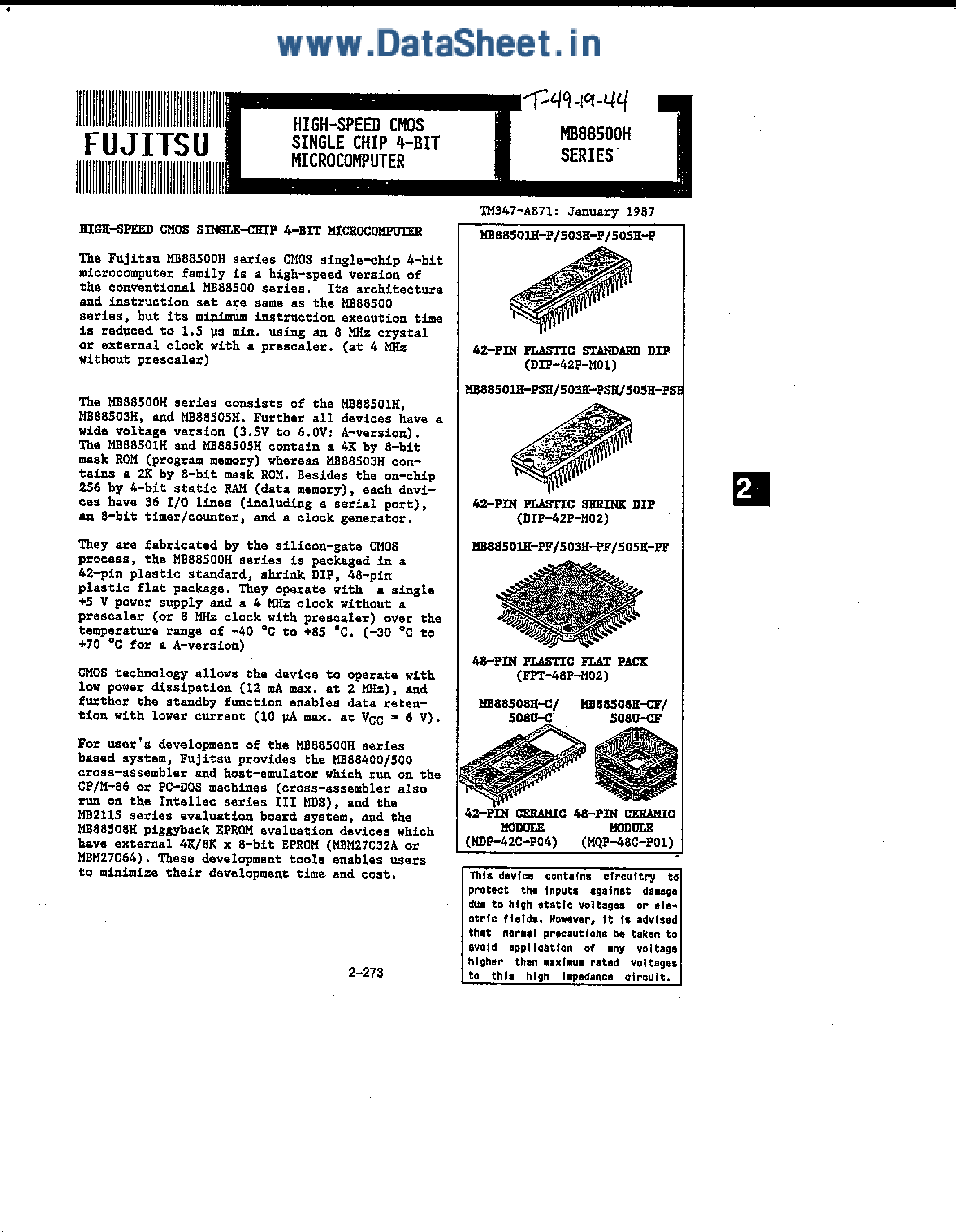 Datasheet MB88501 - High Speed CMOS Single-Chip 4-Bit Microcomputer page 1