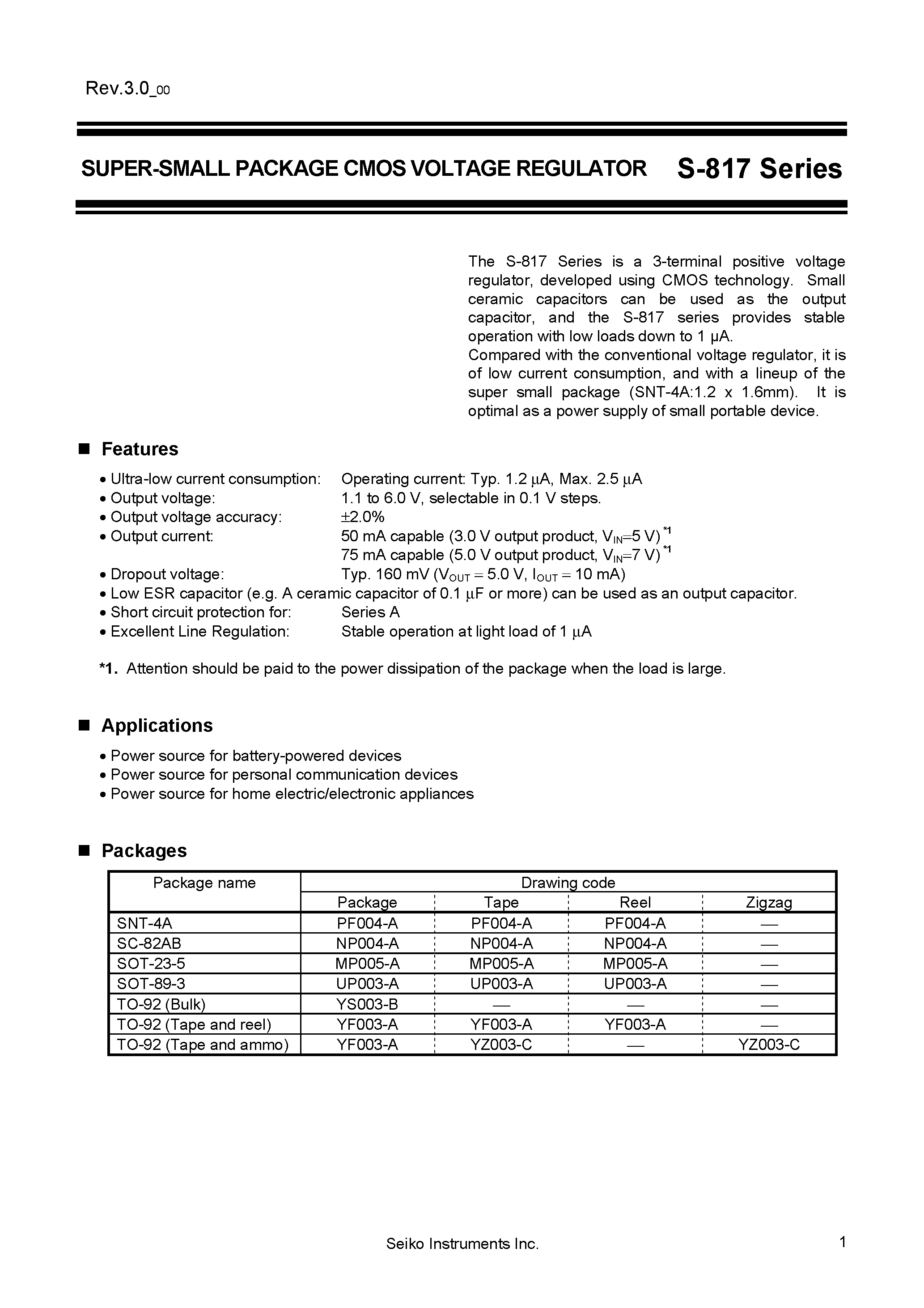 Datasheet S-817 - Super Small Package CMOS Voltage Regulator page 1