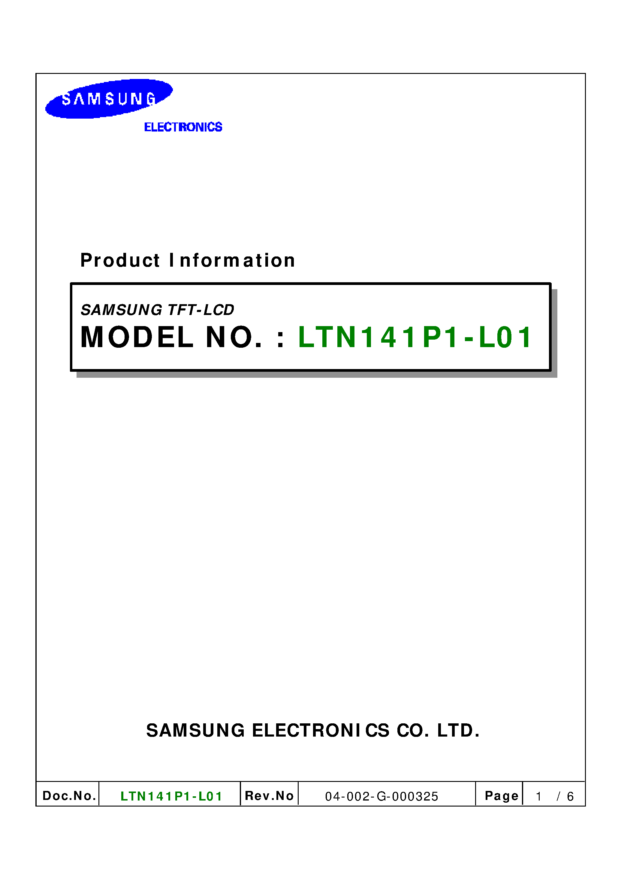 Даташит LTN141P1-L01 - color active matrix TFT liquid crystal display страница 1