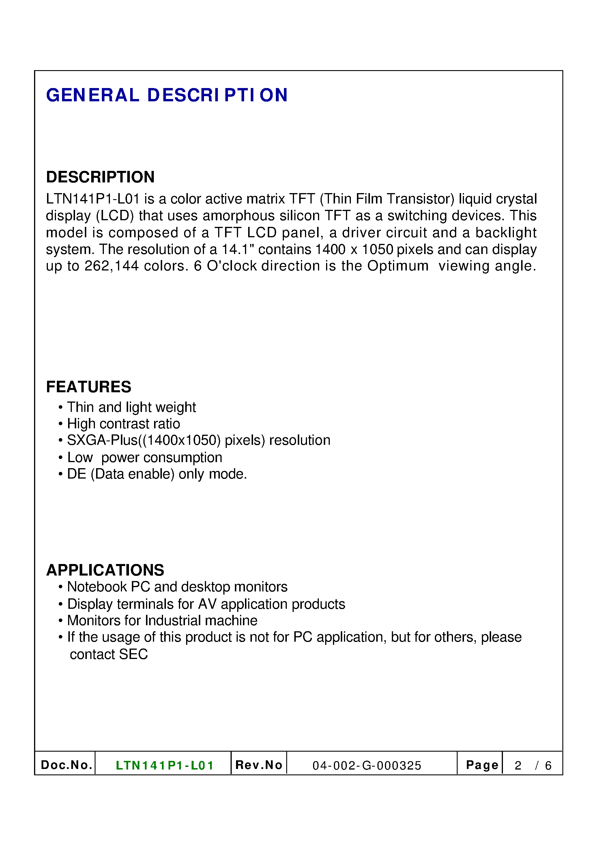 Даташит LTN141P1-L01 - color active matrix TFT liquid crystal display страница 2