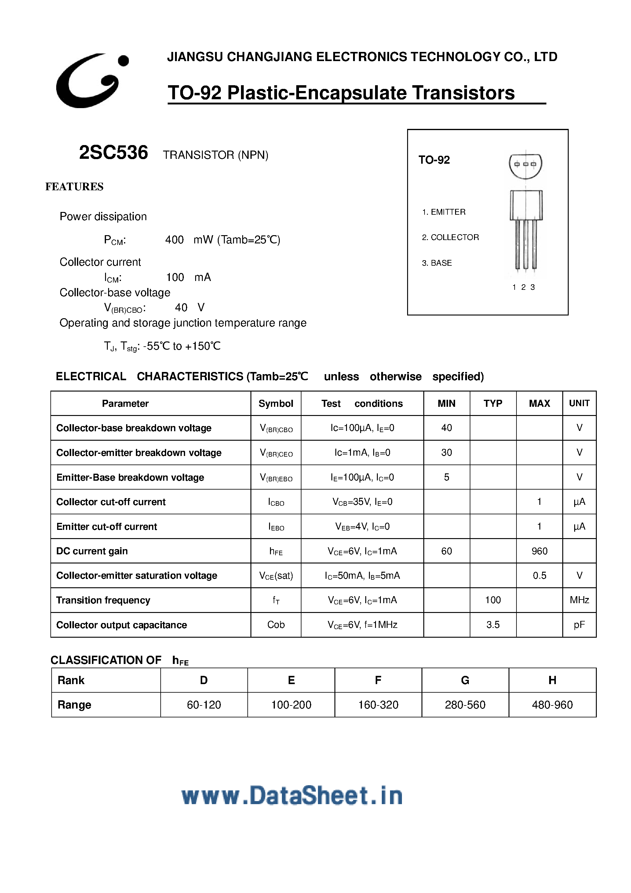 Даташит 2SC536 - TO-92 Plastic Encapsulate Transistors страница 1