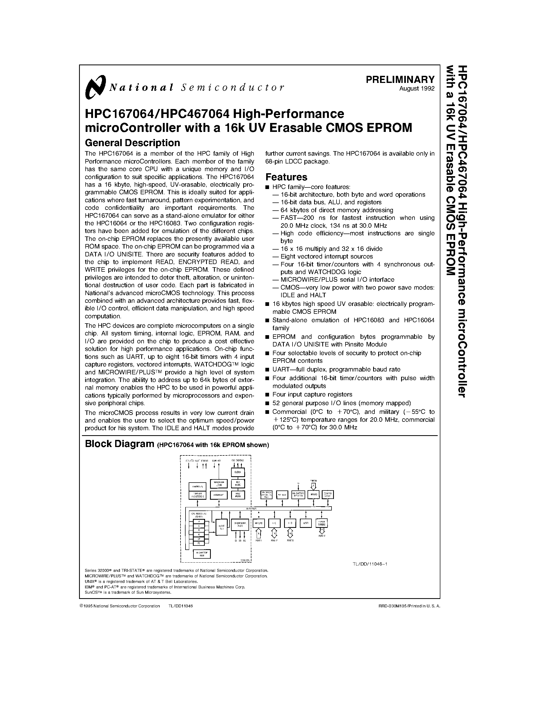 Datasheet HPC167064 page 1 Datasheet HPC167064 - (HPC467064 / HPC167064) High-Performance microController with a 16k UV Erasable CMOS EPROM page 1