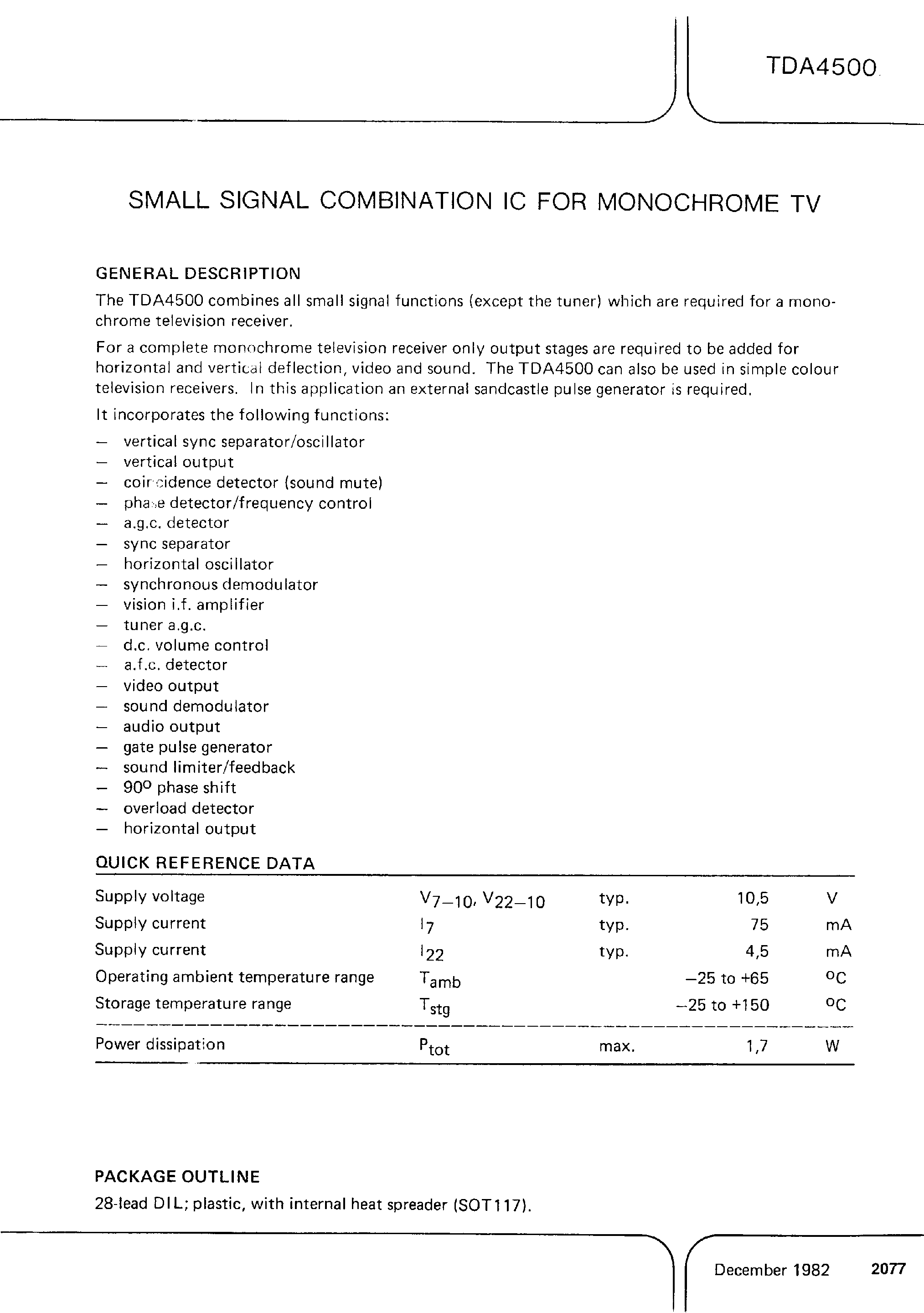 Datasheet TDA4500 - SMALL SIGNAL COMBINATION IC FOR MONOCHROME TV page 1