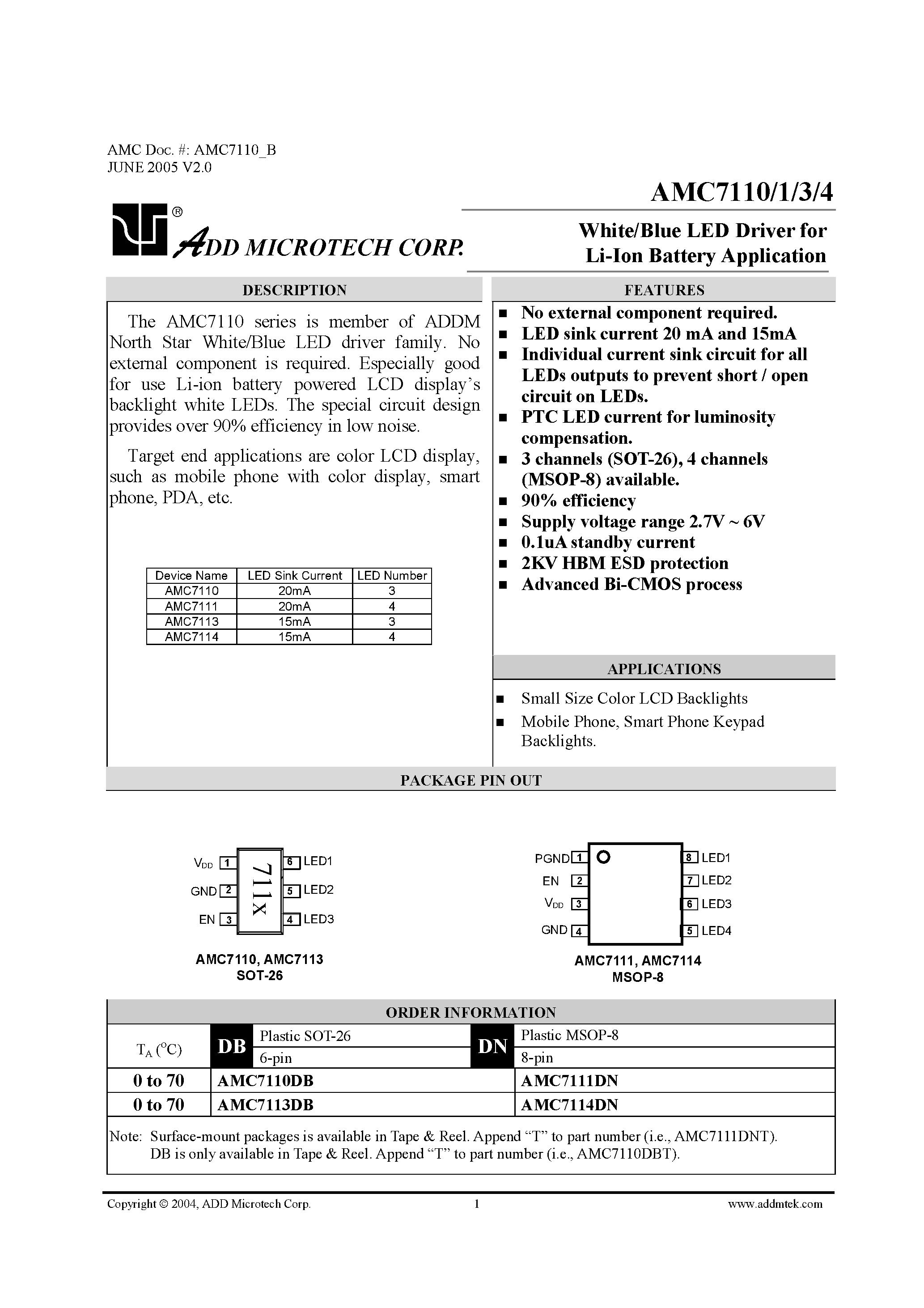 Даташит на микросхему AMC7111 страница 1 Даташит AMC7111 - (AMC7110 - AMC7114) White/Blue LED Driver for Li-Ion Battery Application страница 1